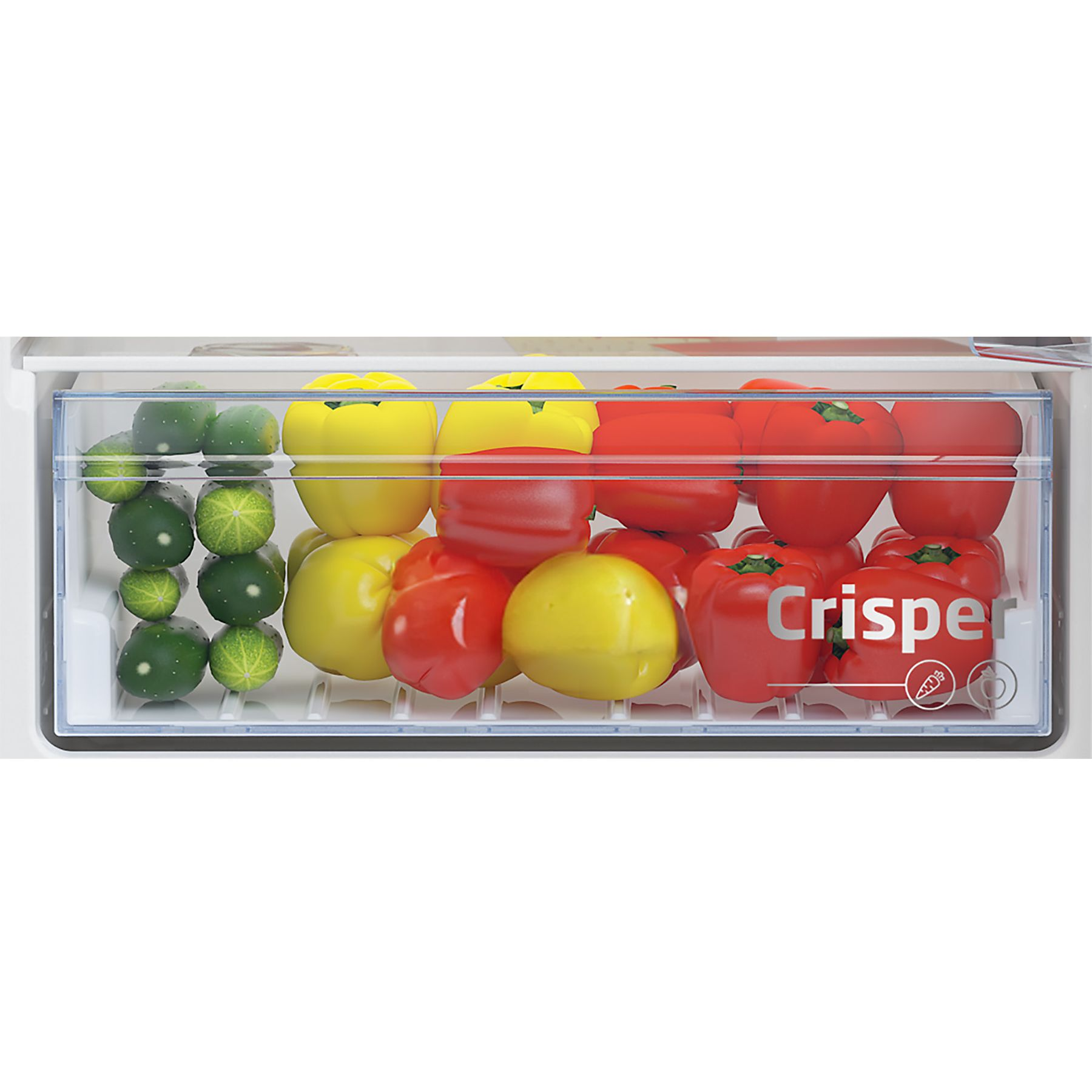 Szuflada lodówki z zielonymi ogórkami, żółtą i czerwoną papryką. Etykieta „Crisper”.