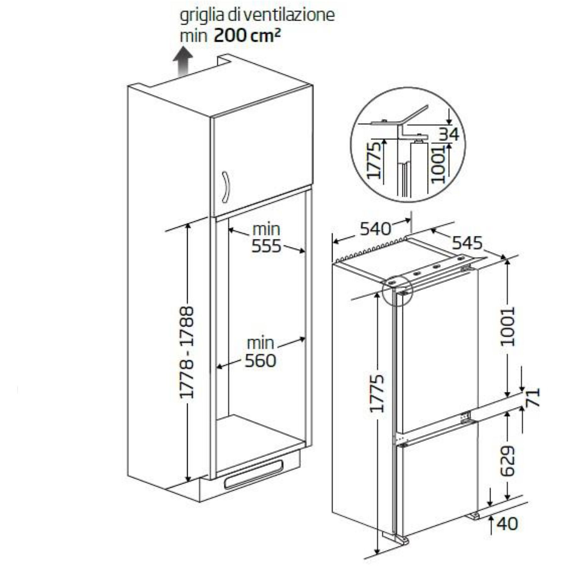 Rysunek techniczny lodówki, pokazujący wymiary i szczegóły wentylacji. Czarne linie na białym tle.