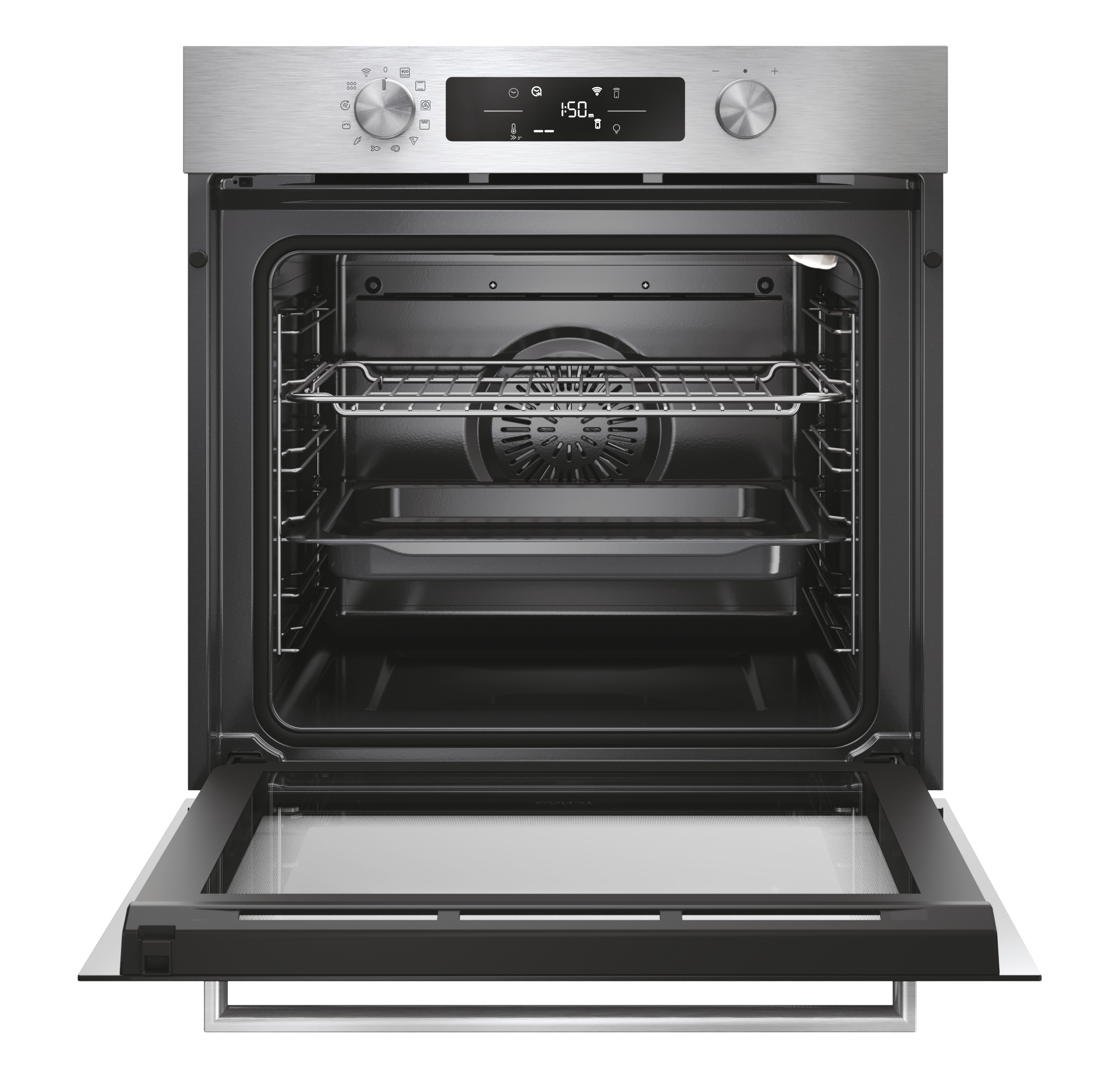Un forno con la porta aperta, che mostra l'interno.