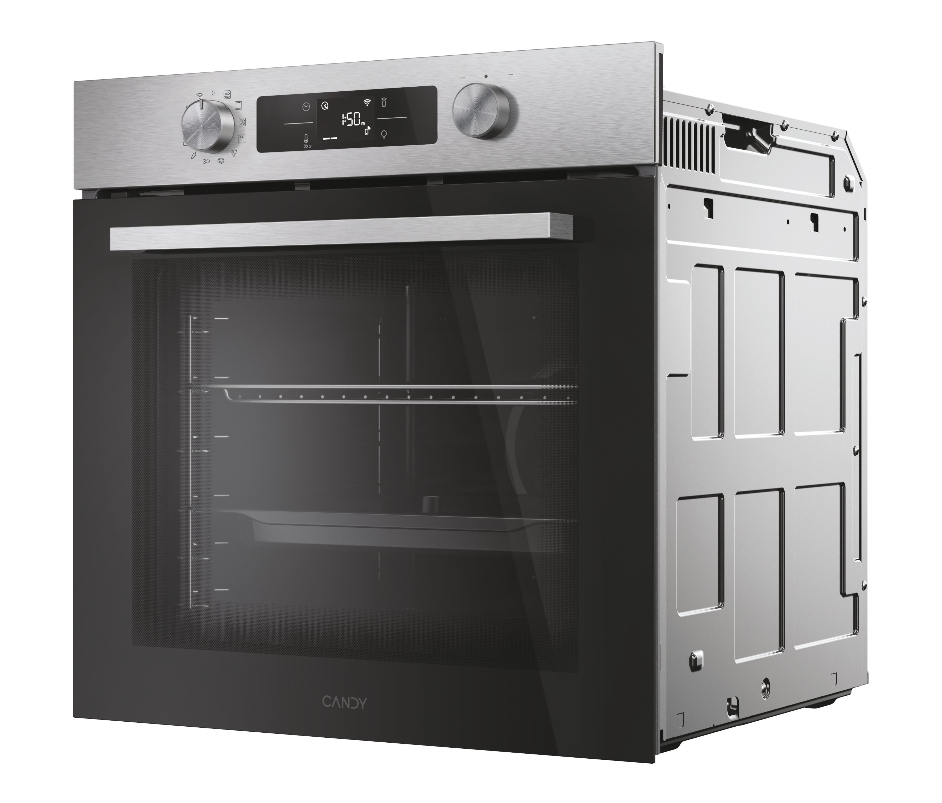 Un forno a incasso con finitura in acciaio inossidabile, porta aperta e interno visibile.