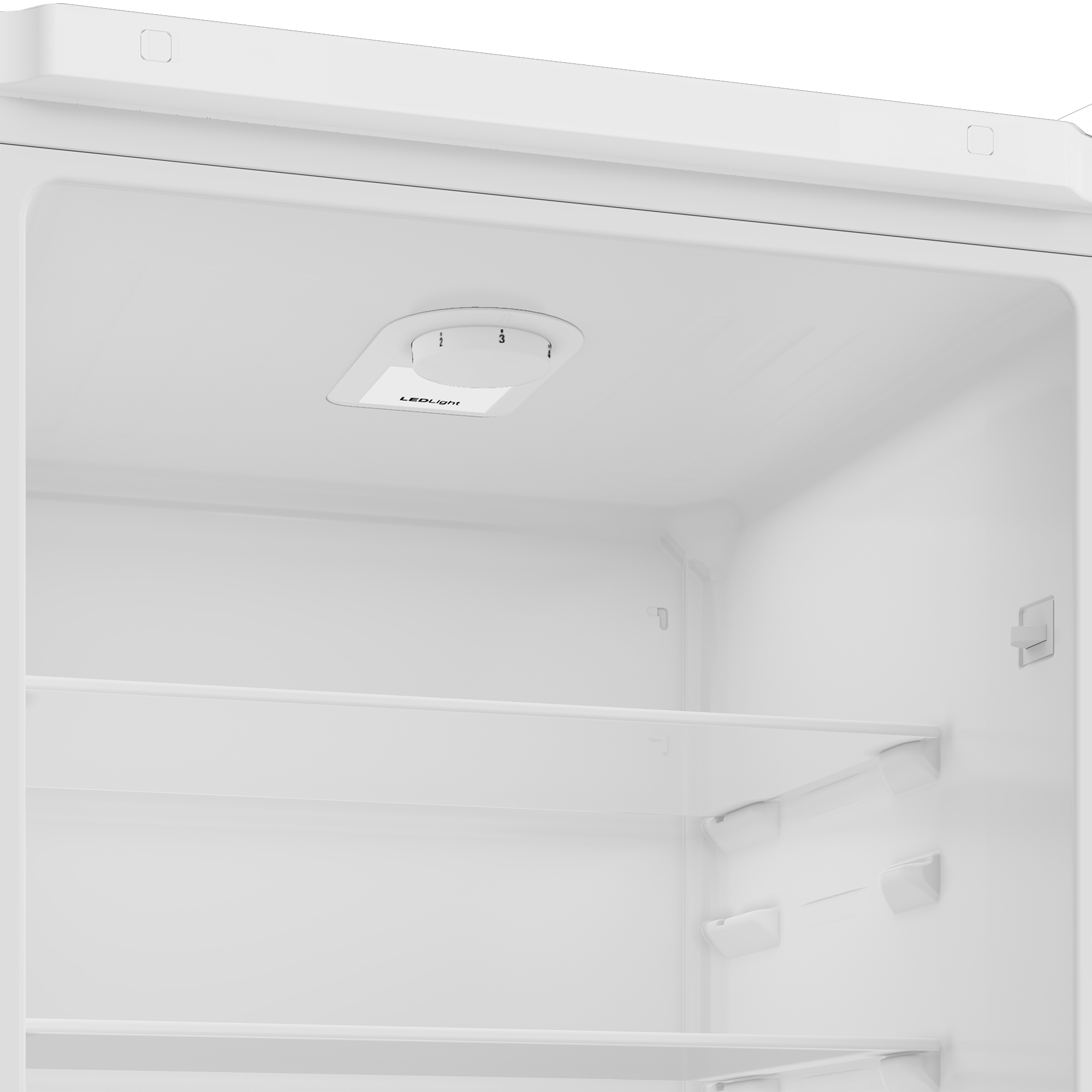 Inside of a white refrigerator. Shelves are visible, and there is a light.