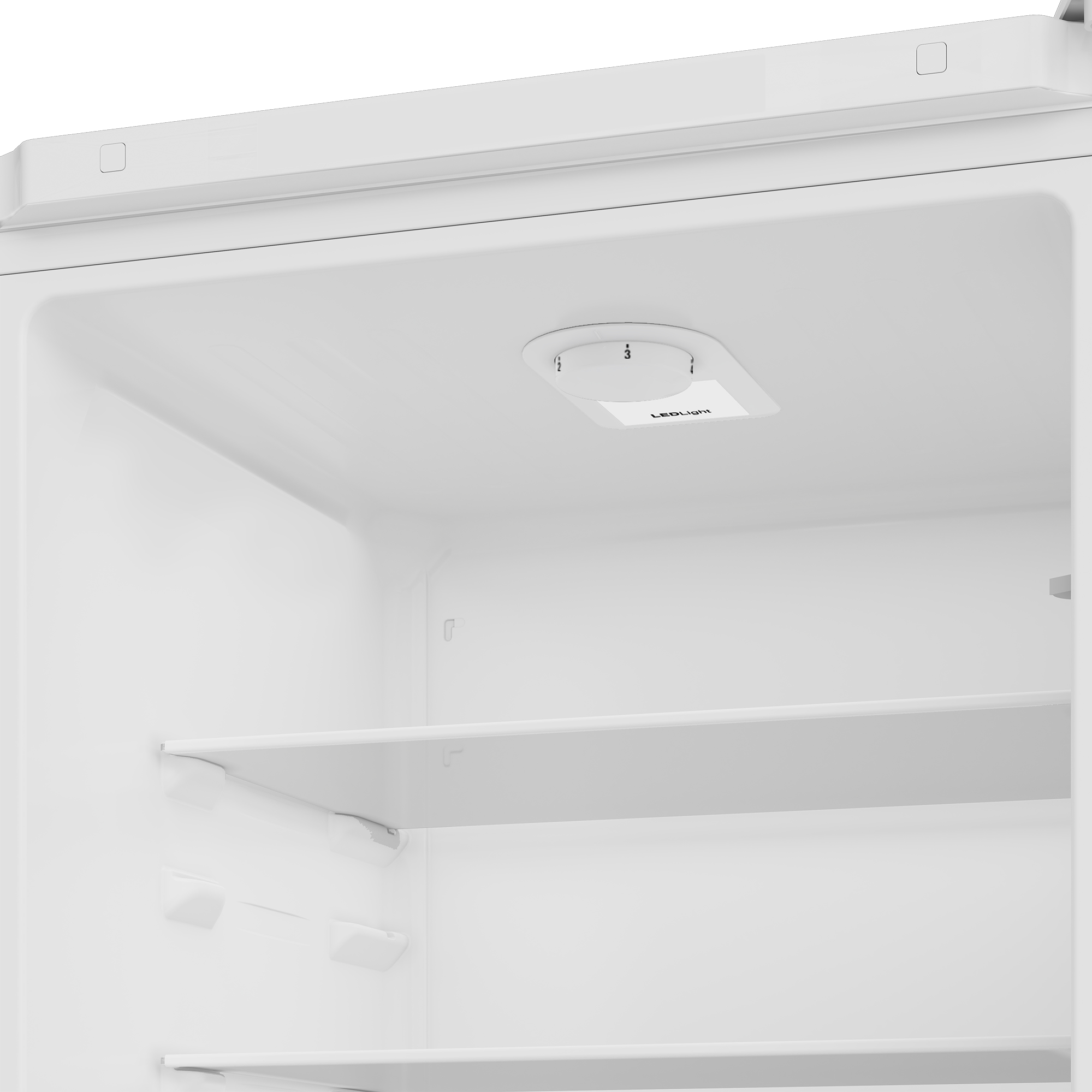 Inside of a white refrigerator with shelves and an LED light.