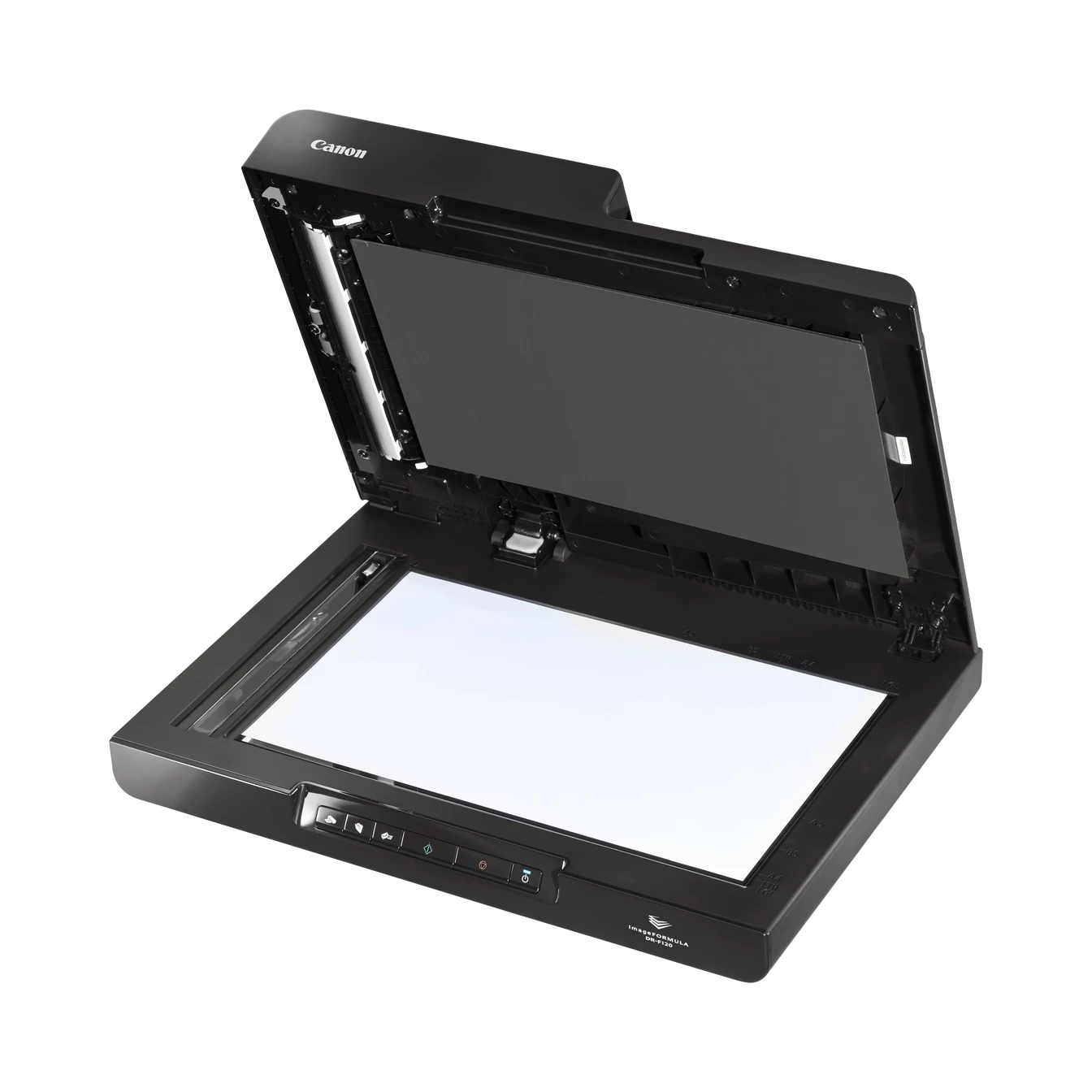 Skaner Canon otwarty, odsłaniający białą powierzchnię i czarne wnętrze.