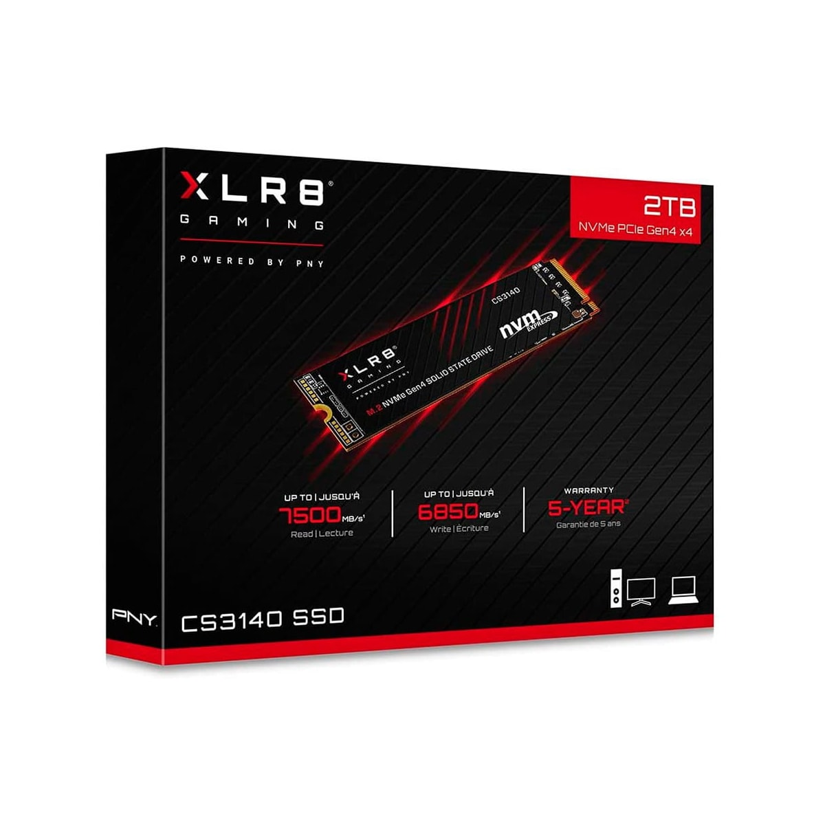 Zwarte doos met rode en witte tekst en een NVMe SSD. Productopname.