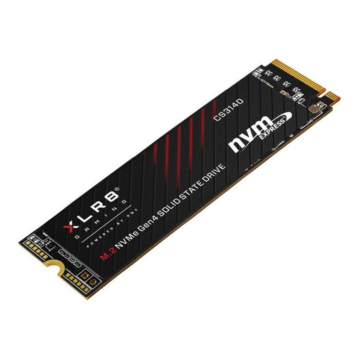 M.2 NVMe Gen4 SSD. Zwart met rode strepen, tekst: XLR8 Gaming, NVMe Express en CS3140.