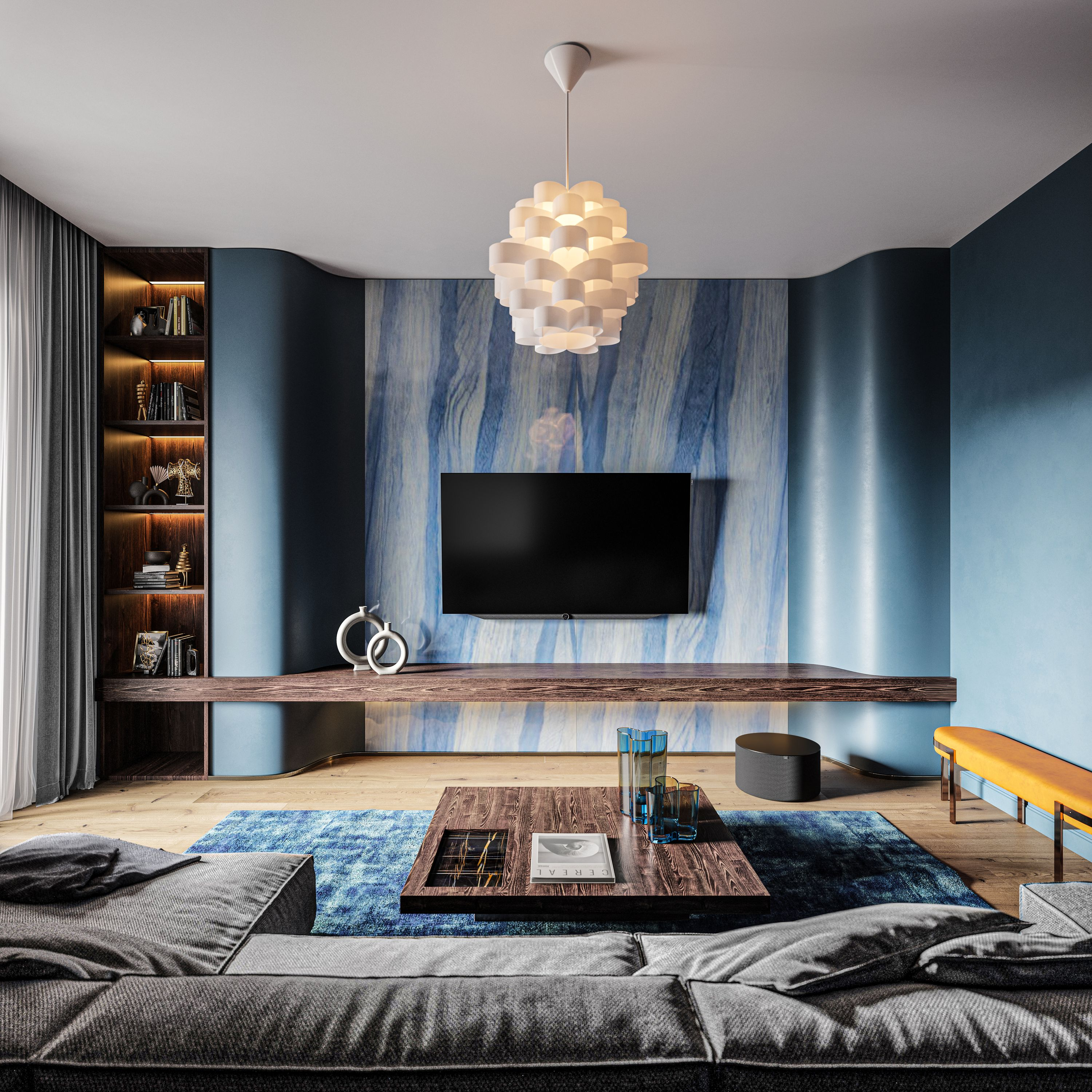 Soggiorno moderno con pareti blu, TV e divano. Un lampadario bianco al centro.