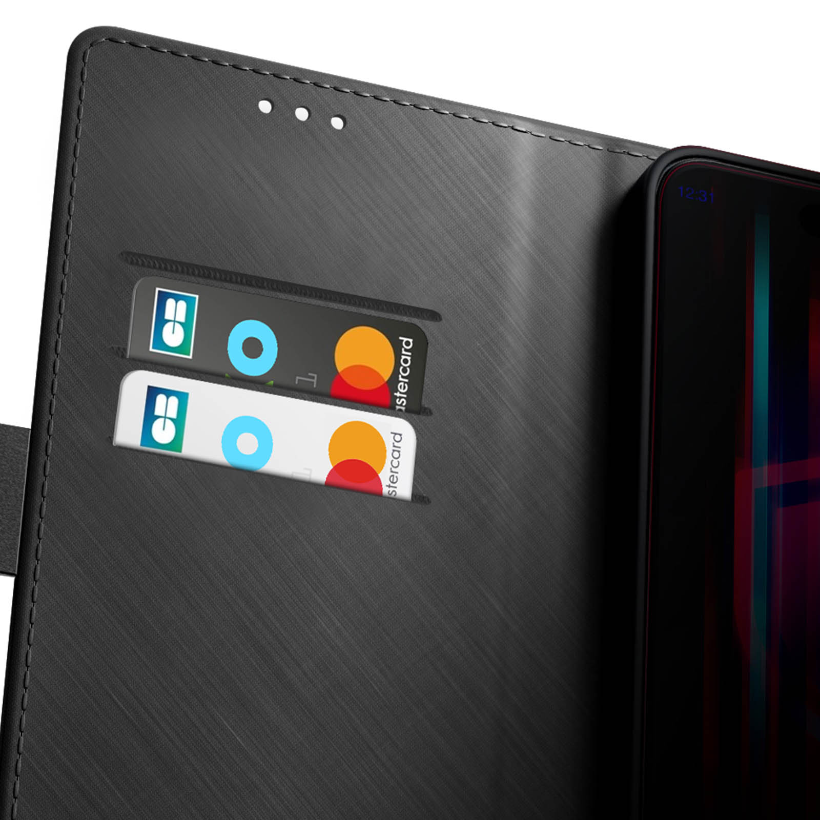 Czarne etui na telefon z dwoma miejscami na karty kredytowe. Etui jest zamknięte i pokazuje ekran telefonu.