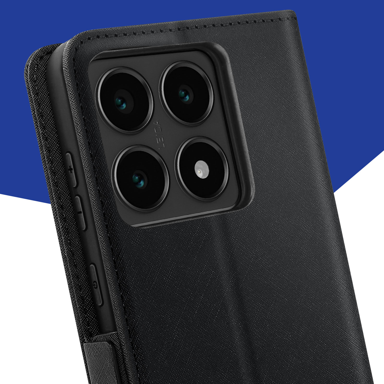 Telefon z czarnym etui. Widoczne obiektywy aparatu.