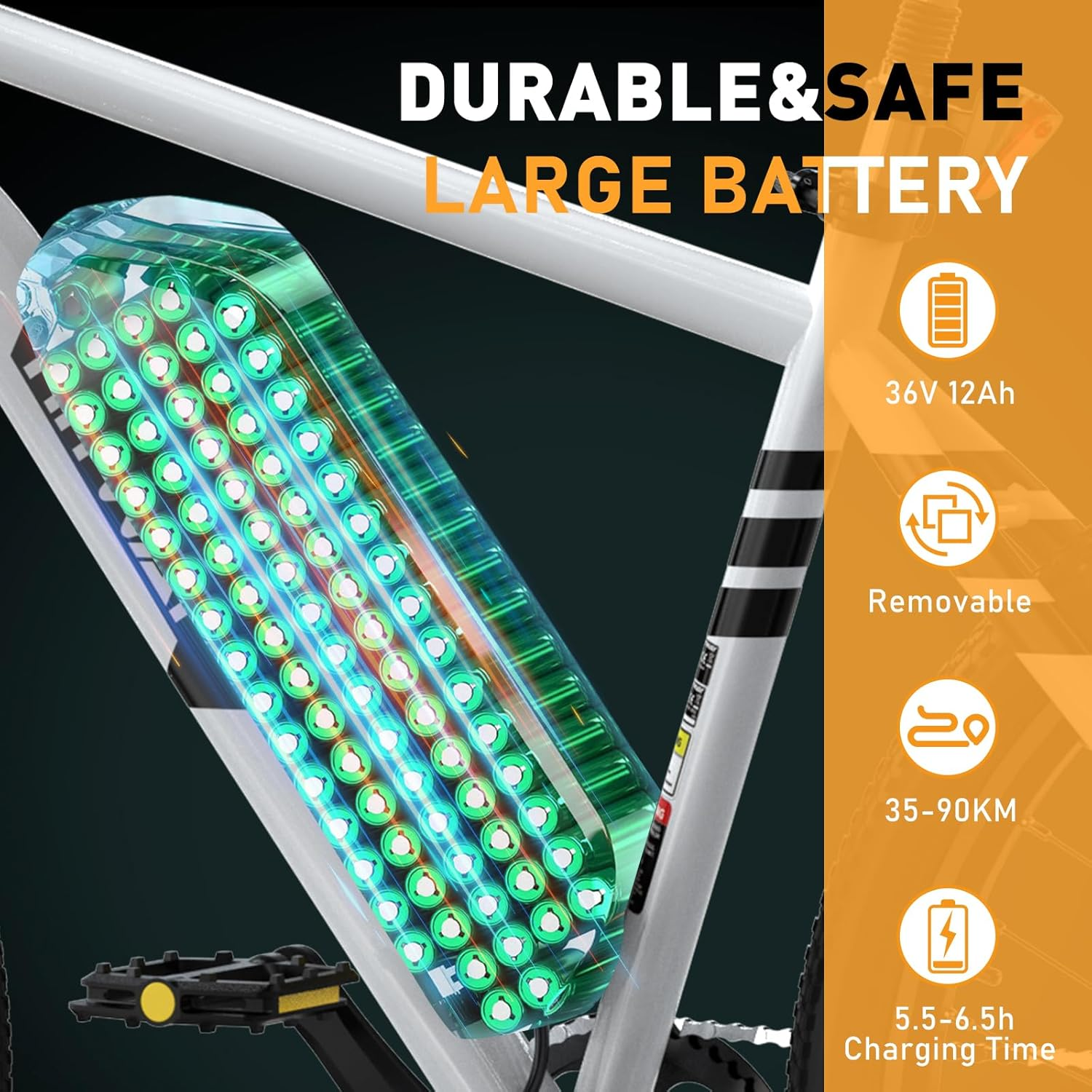 Una batteria per e-bike su un telaio di bicicletta, con caratteristiche.