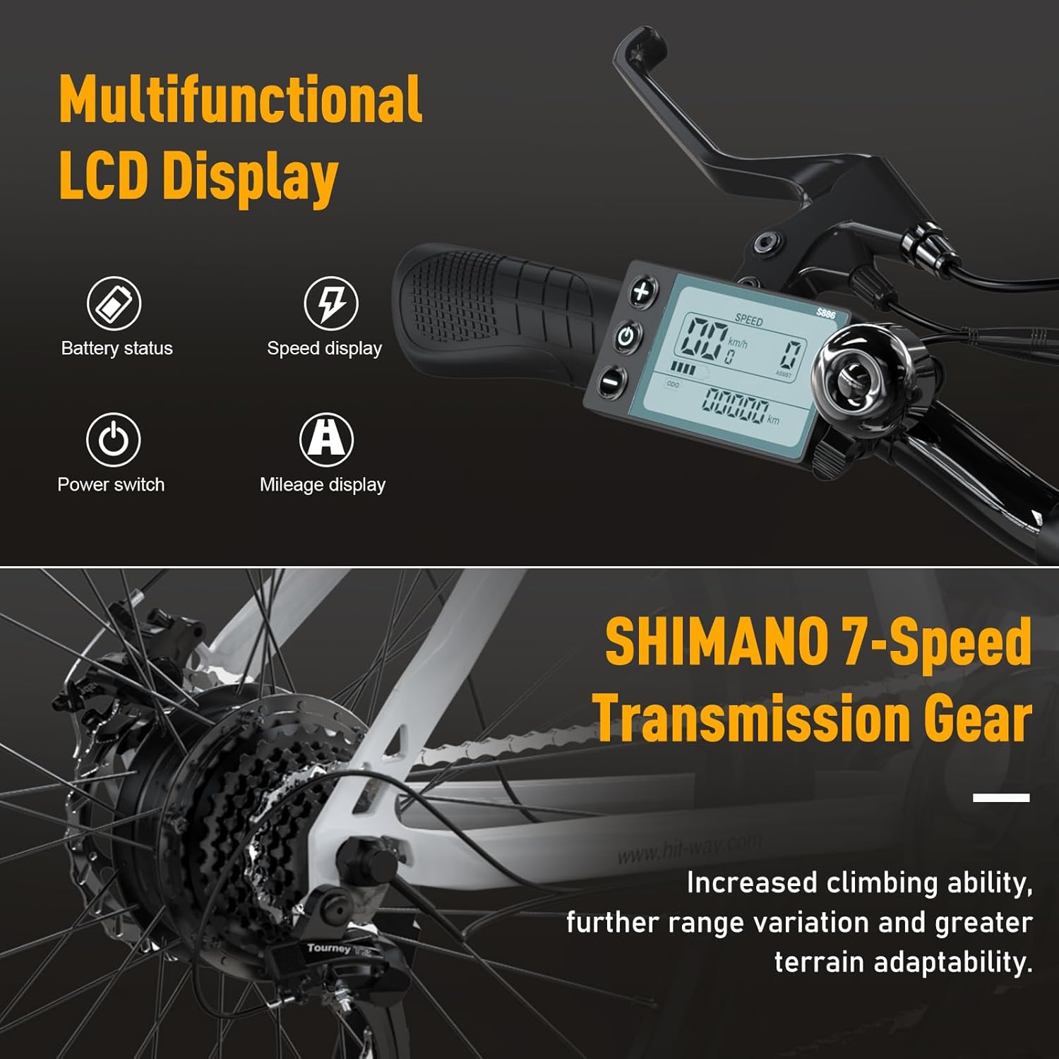Manubrio della bici con display LCD. Mostra velocità, stato batteria e chilometraggio. Shimano.