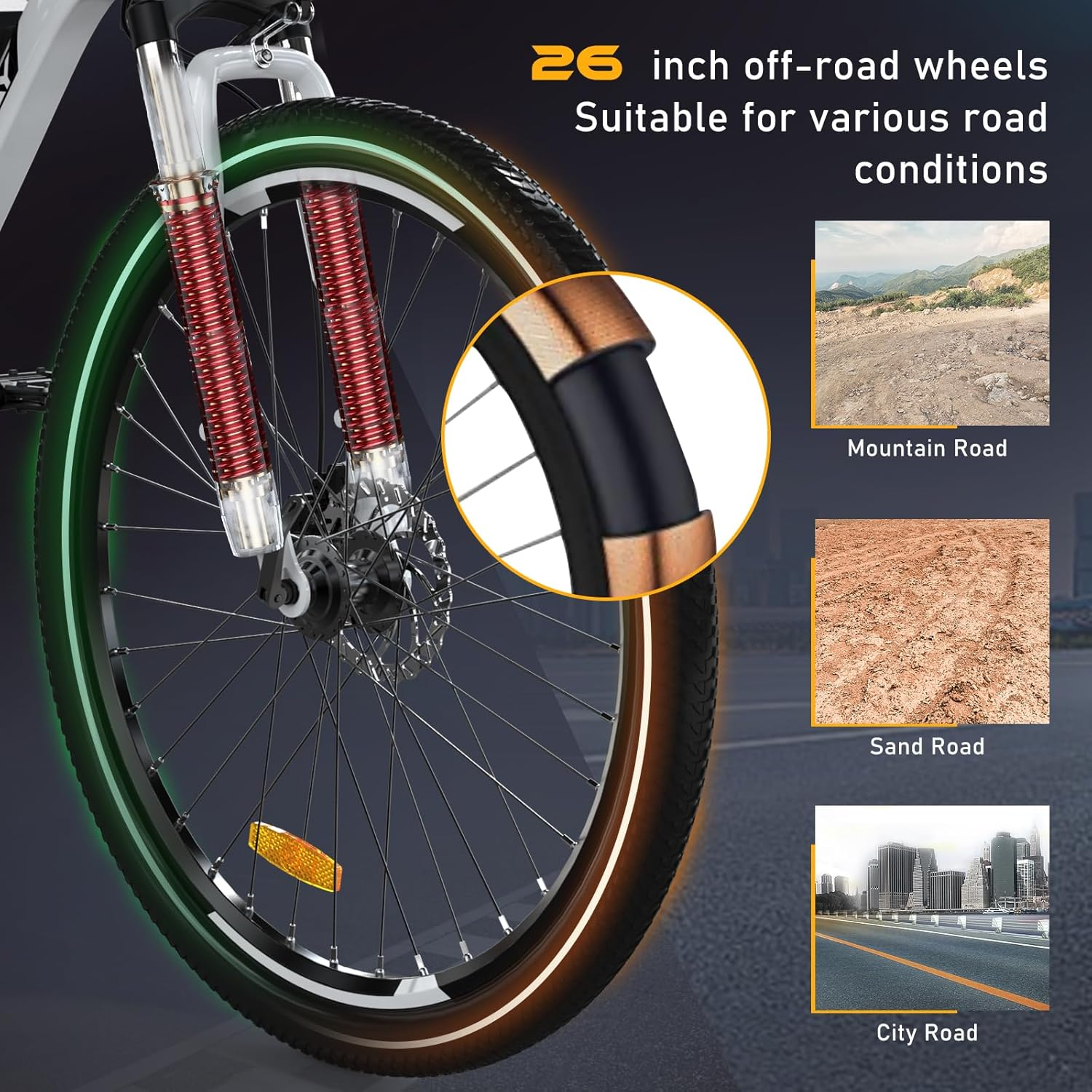 Un primo piano di una ruota di bicicletta con il testo 'ruote off-road da 26 pollici'.