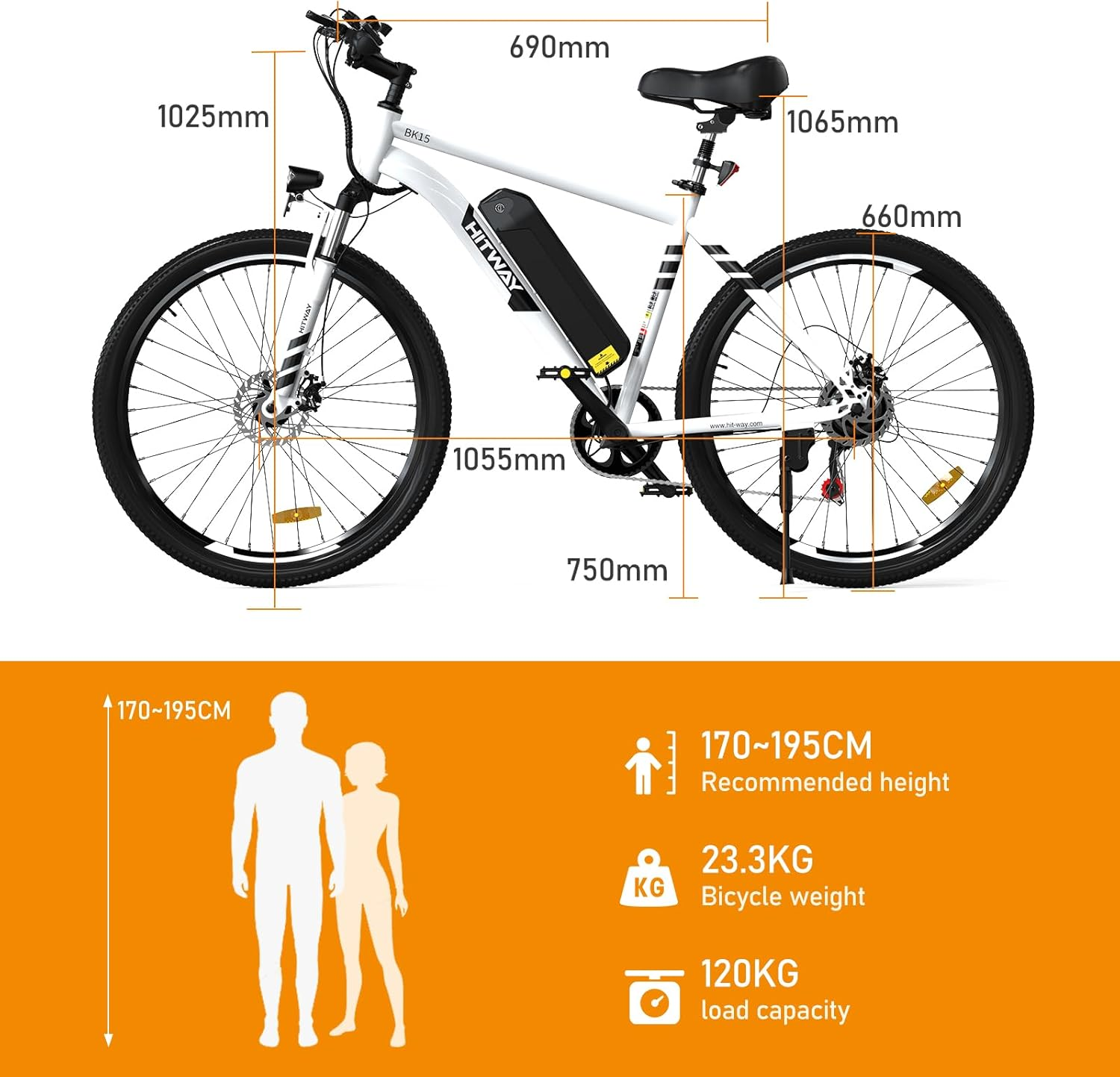 E-bike HITWAY bianca con misure. Mostra intervallo altezza, peso e capacità di carico. Due figure mostrano altezza consigliata.