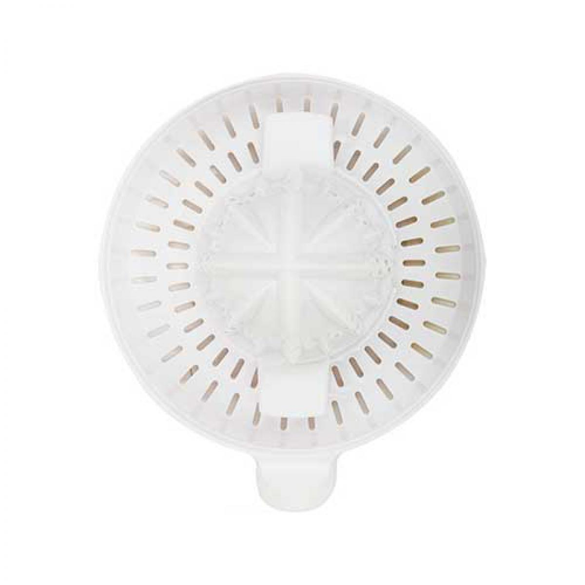 Un exprimidor de cítricos blanco. Tiene un escariador cónico y agujeros para el jugo.