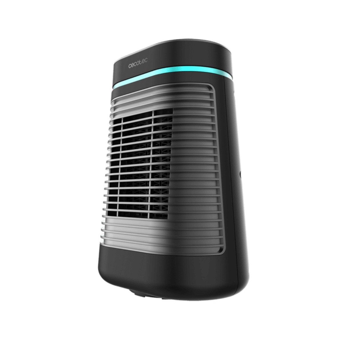 Czarny i srebrny grzejnik elektryczny. Góra ma niebieskie światło.