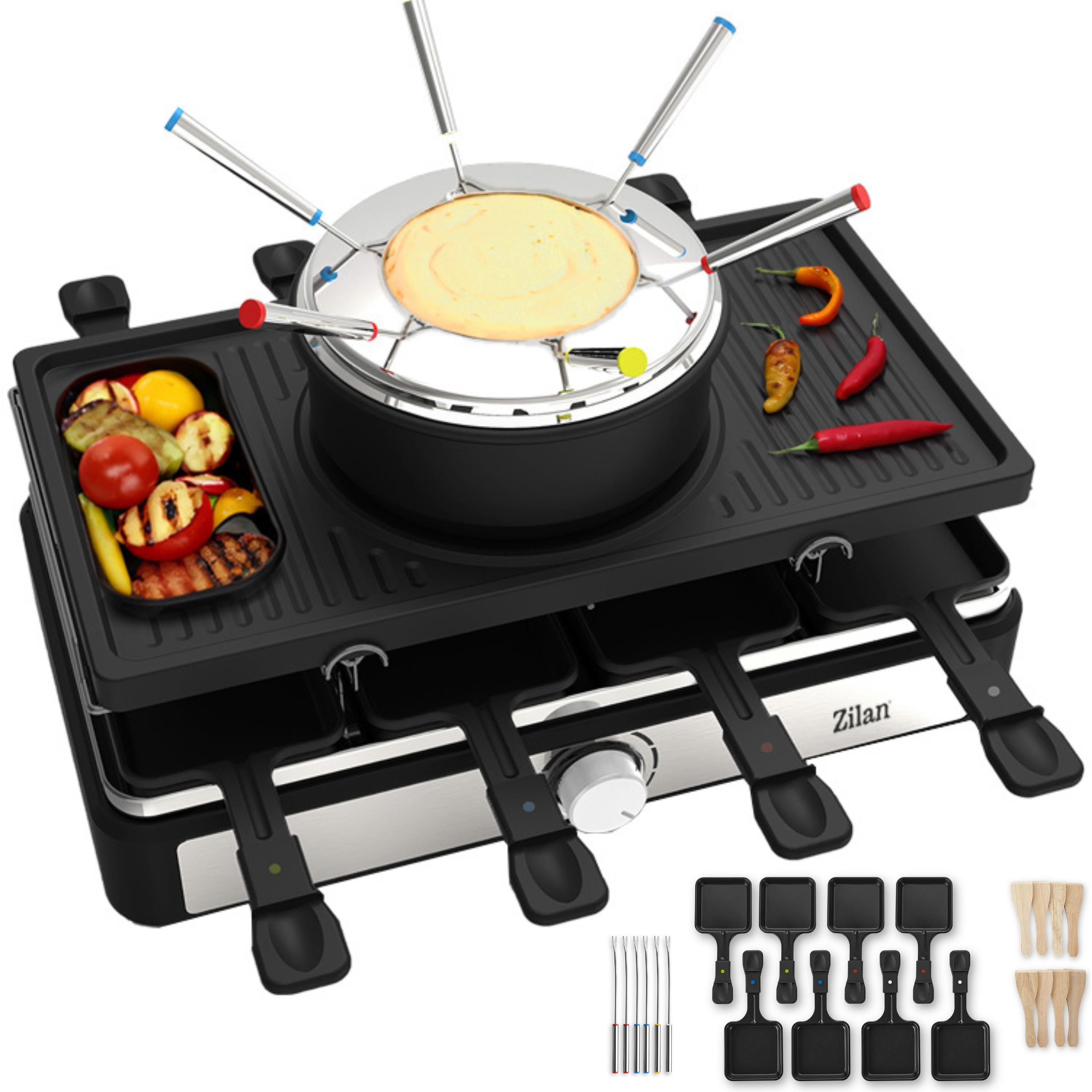 Raclette-Grill mit Speisen und Utensilien. Schwarze Basis, Metalloberfläche und Holzgriffe. Weiß.
