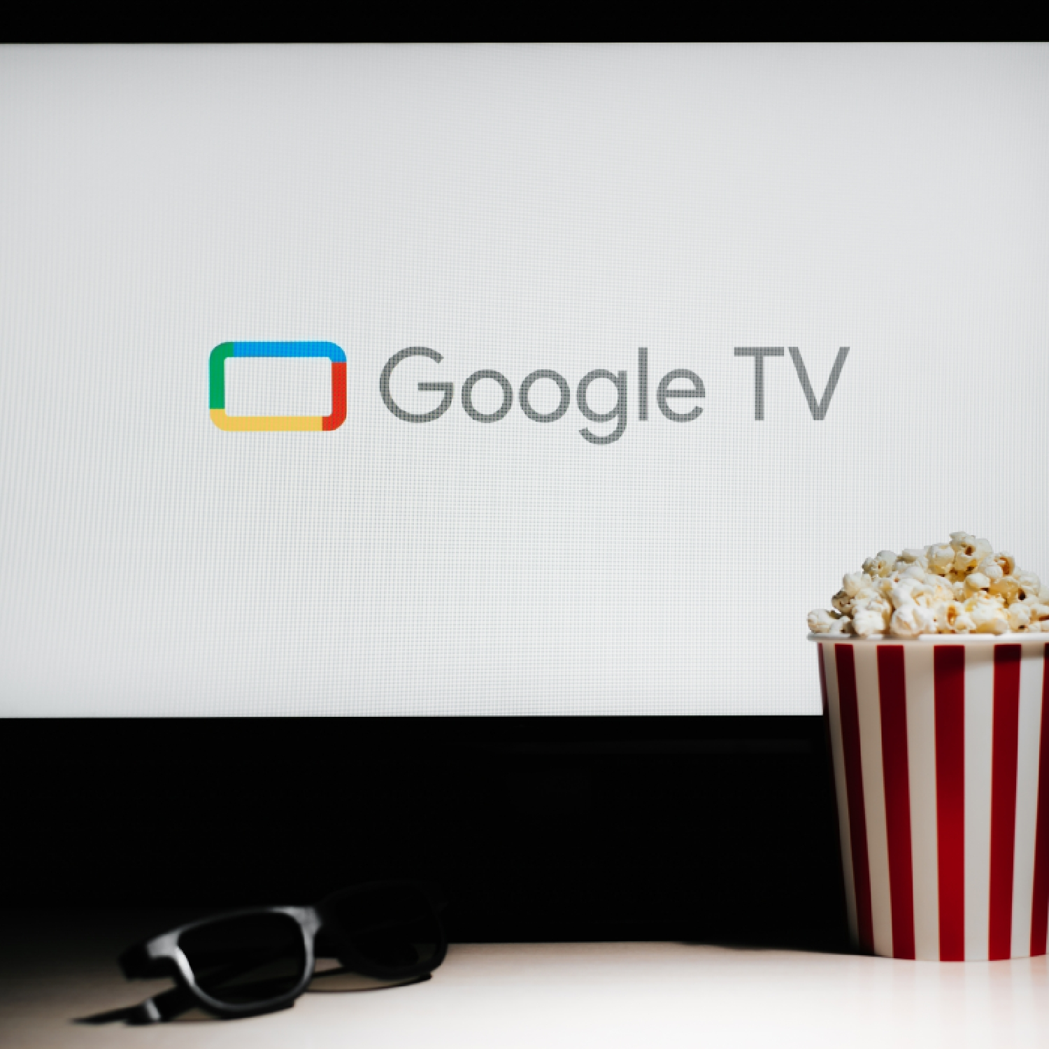 Ekran Google TV, popcorn i okulary 3D. Ekran wyświetla logo Google TV.