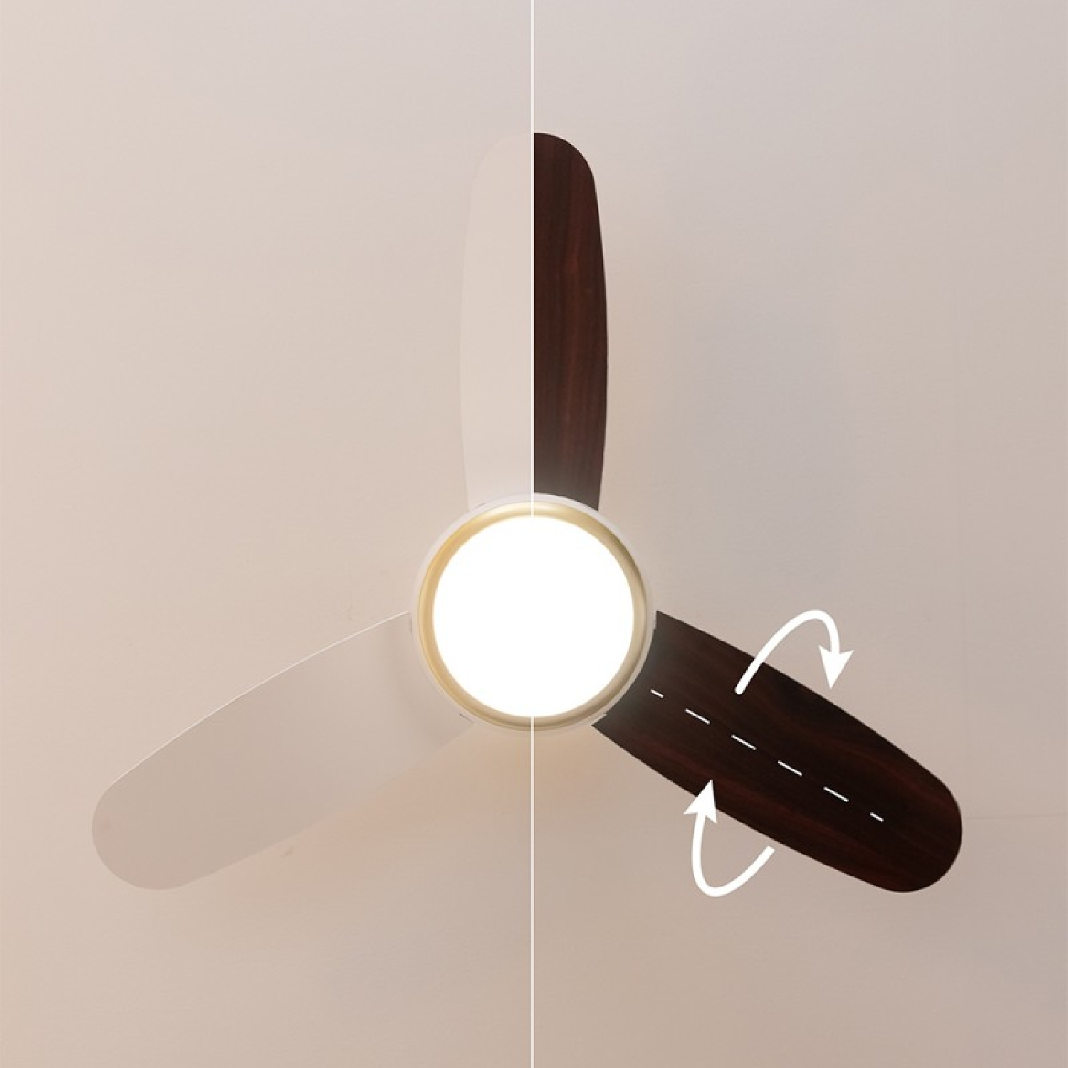 Ventilatore a soffitto con pale in legno e bianche. Le frecce indicano la direzione di rotazione.