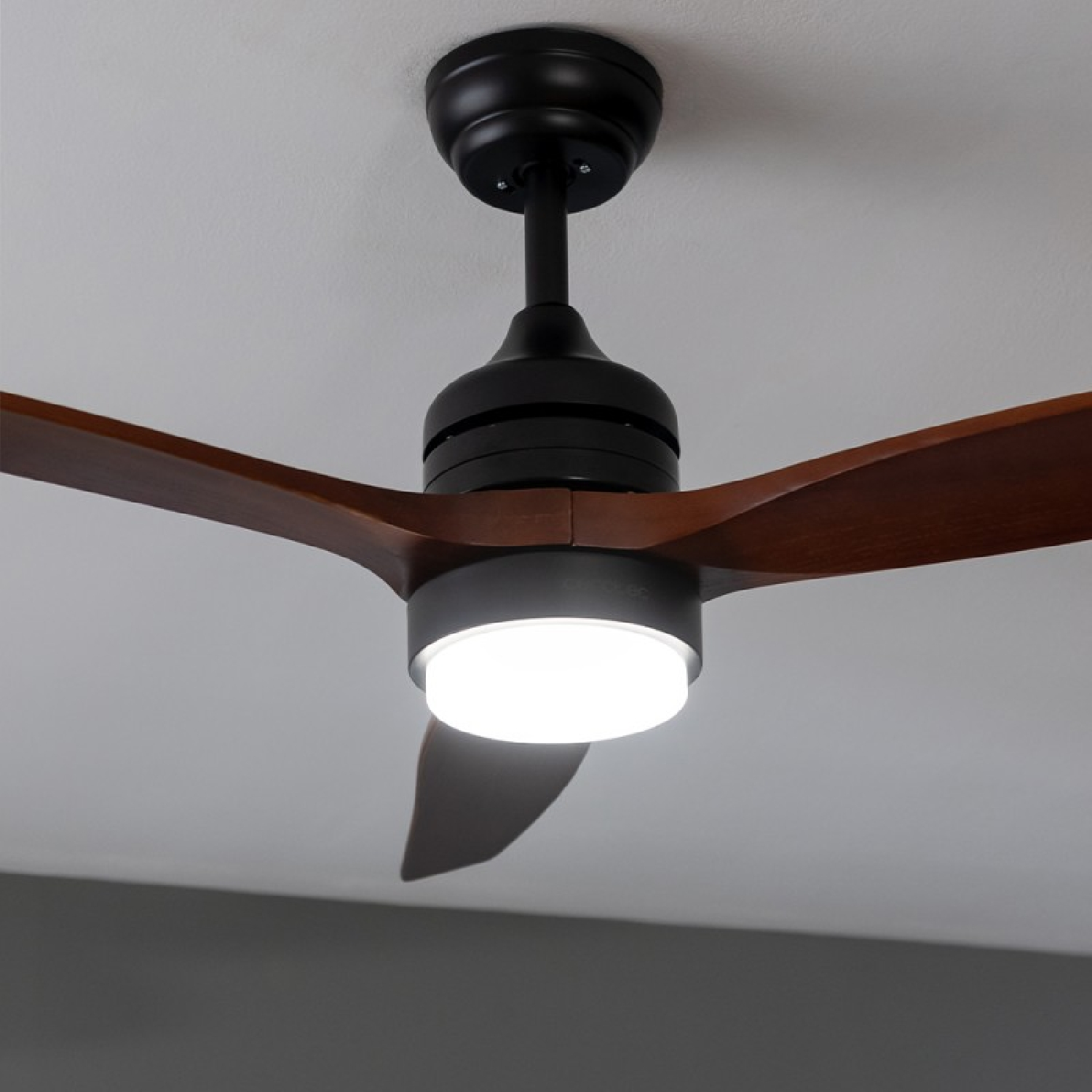 Ventilatore a soffitto con pale in legno e un apparecchio di illuminazione. Alloggiamento del motore nero e soffitto bianco.