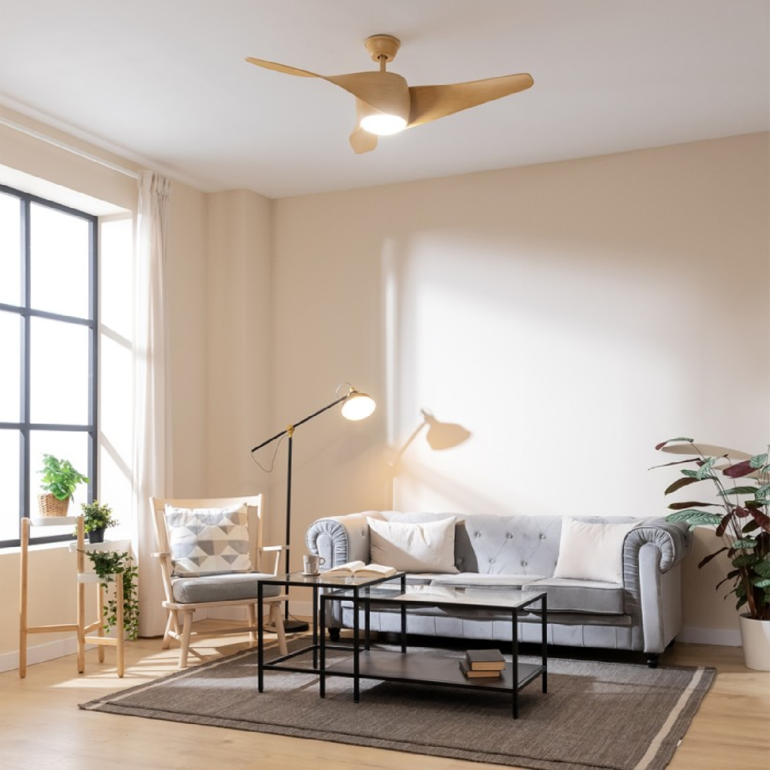 Soggiorno con ventilatore a soffitto, divano e piante. La luce del sole filtra attraverso la finestra.