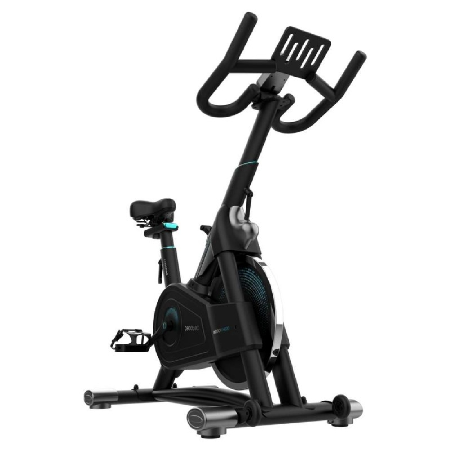 Bicicleta estática negra. Tiene manijas, asiento y una pantalla digital.