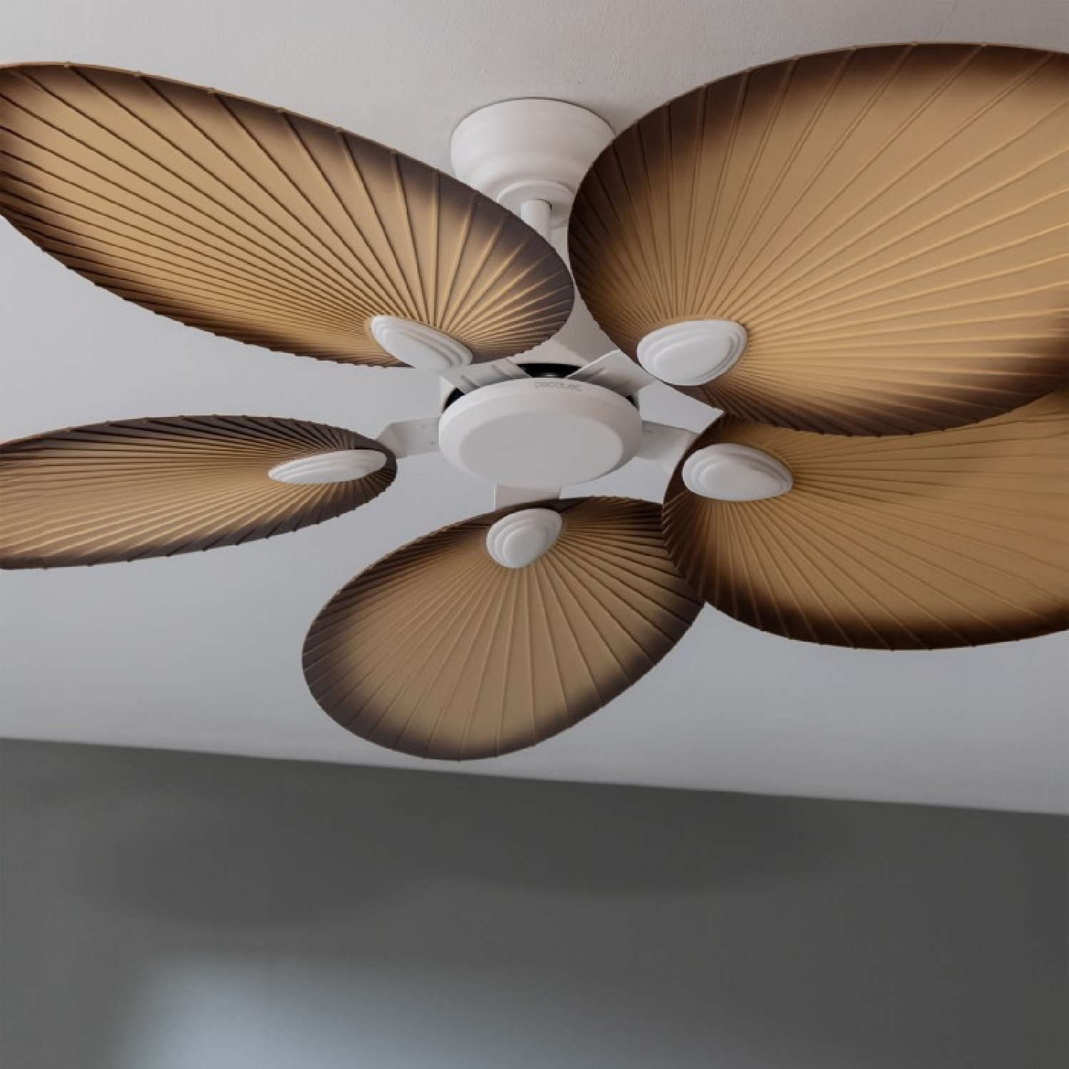 Ventilatore a soffitto con cinque pale marroni e beige. L'alloggiamento del motore è bianco, contro un soffitto bianco.