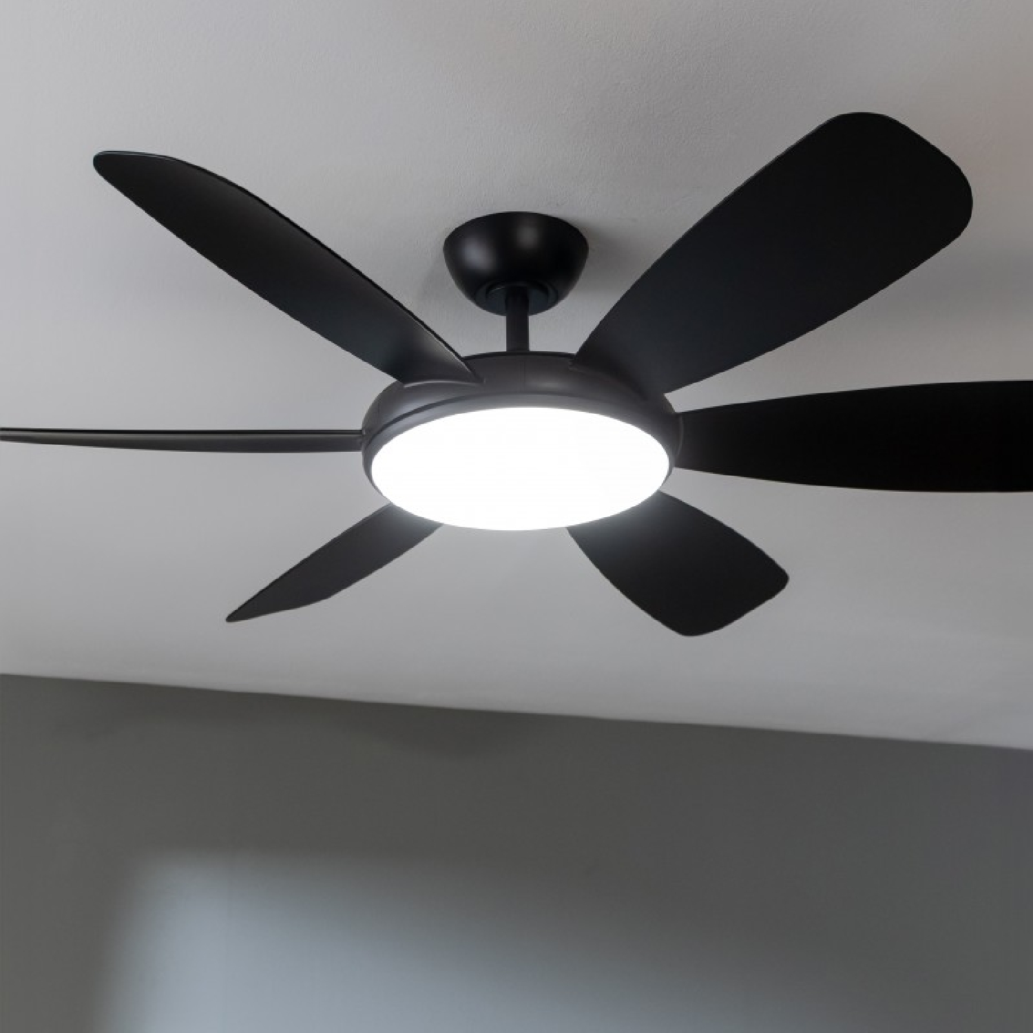 Ventilatore da soffitto nero con luce. Il ventilatore ha sei pale.