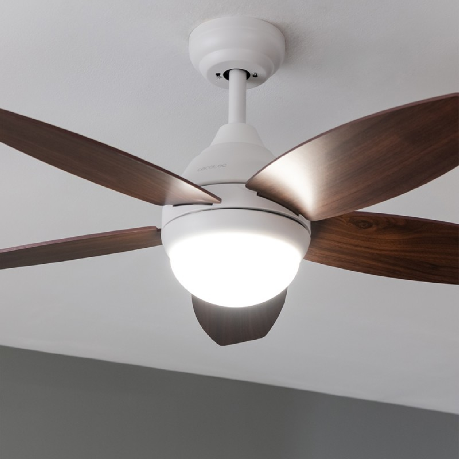 Ventilador de techo. Cuerpo blanco con aspas marrones y una luz en el centro.