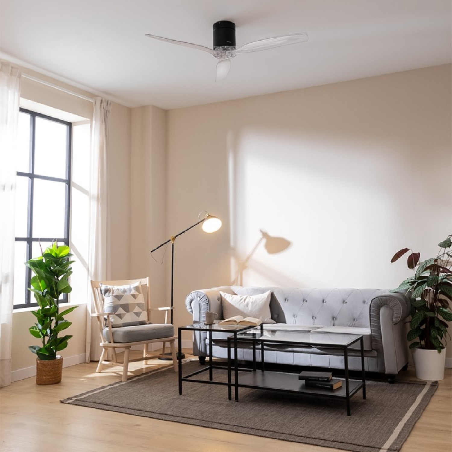 Soggiorno con divano, poltrona, tavolino, piante, tappeto e ventilatore a soffitto. Colori neutri con luce naturale.