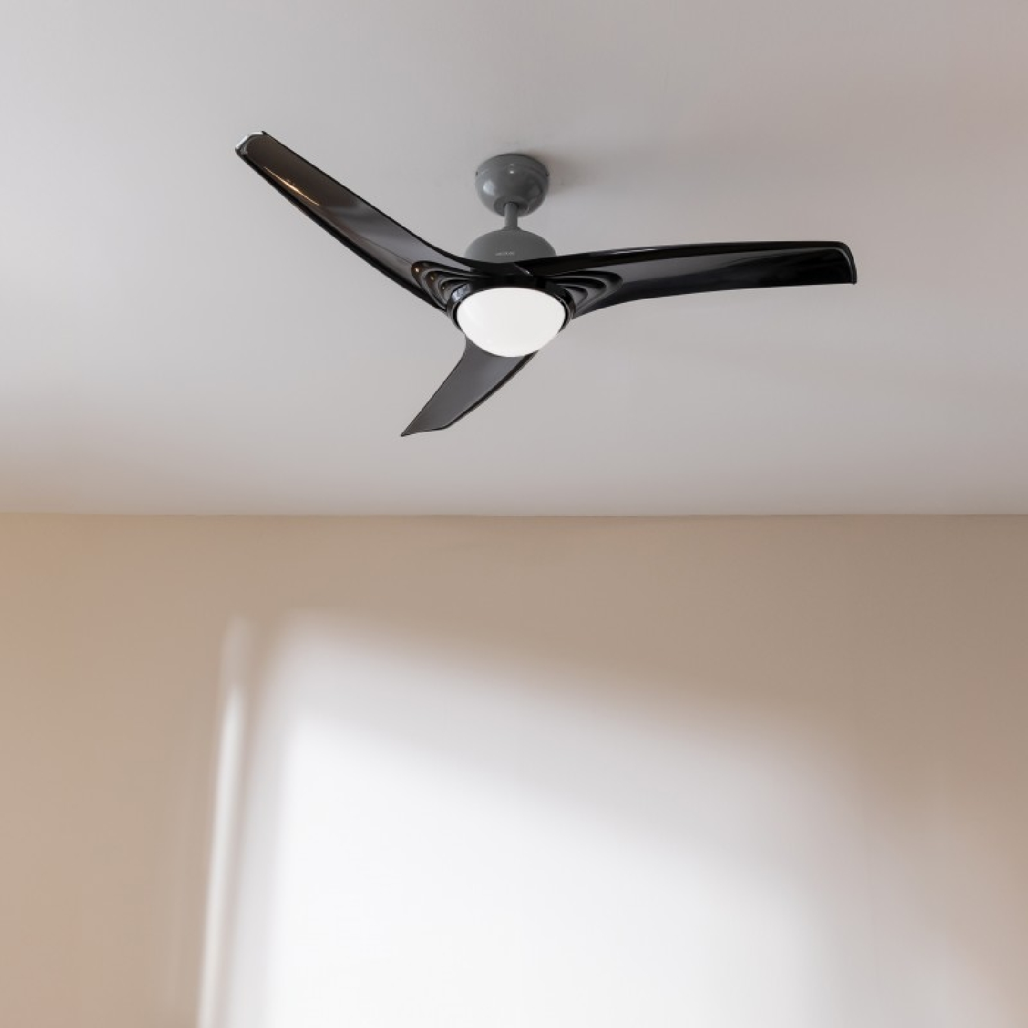 Ventilador de techo con aspas y motor negros, instalado en techo blanco.