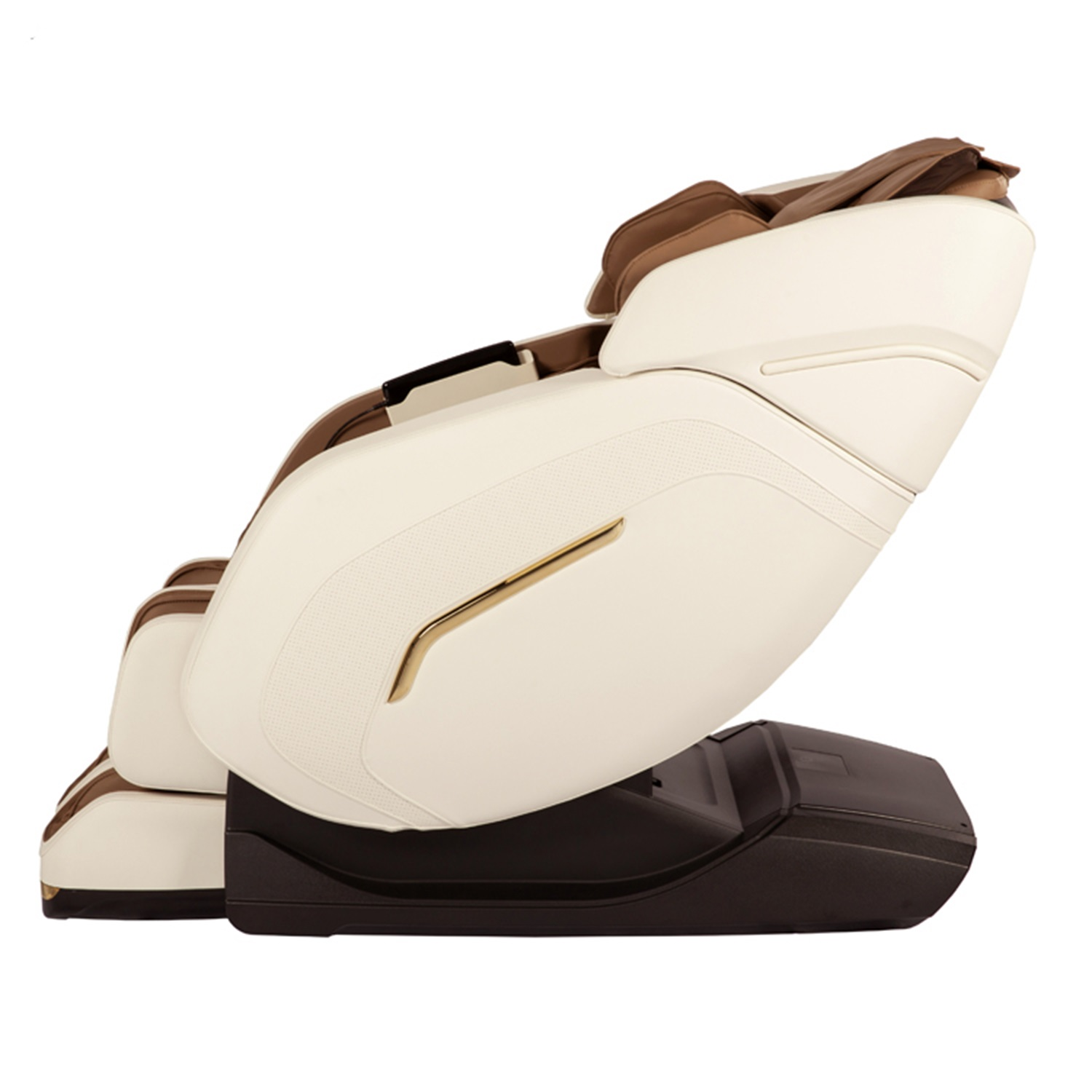 Weißer und brauner Massagestuhl, schräge Ansicht, zeigt das Design und die Polsterung.