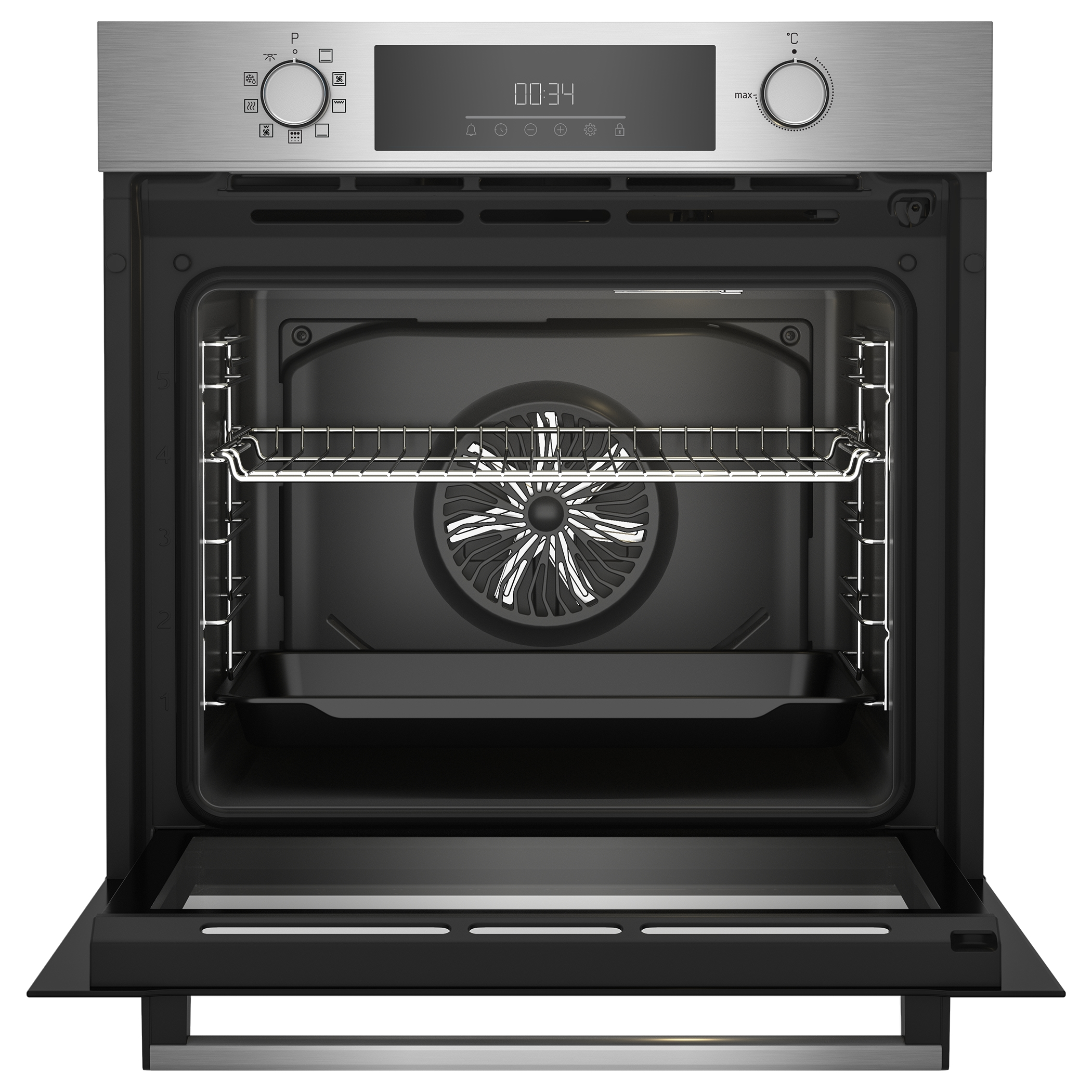 Forno aperto con interno visibile, nero e acciaio inossidabile.