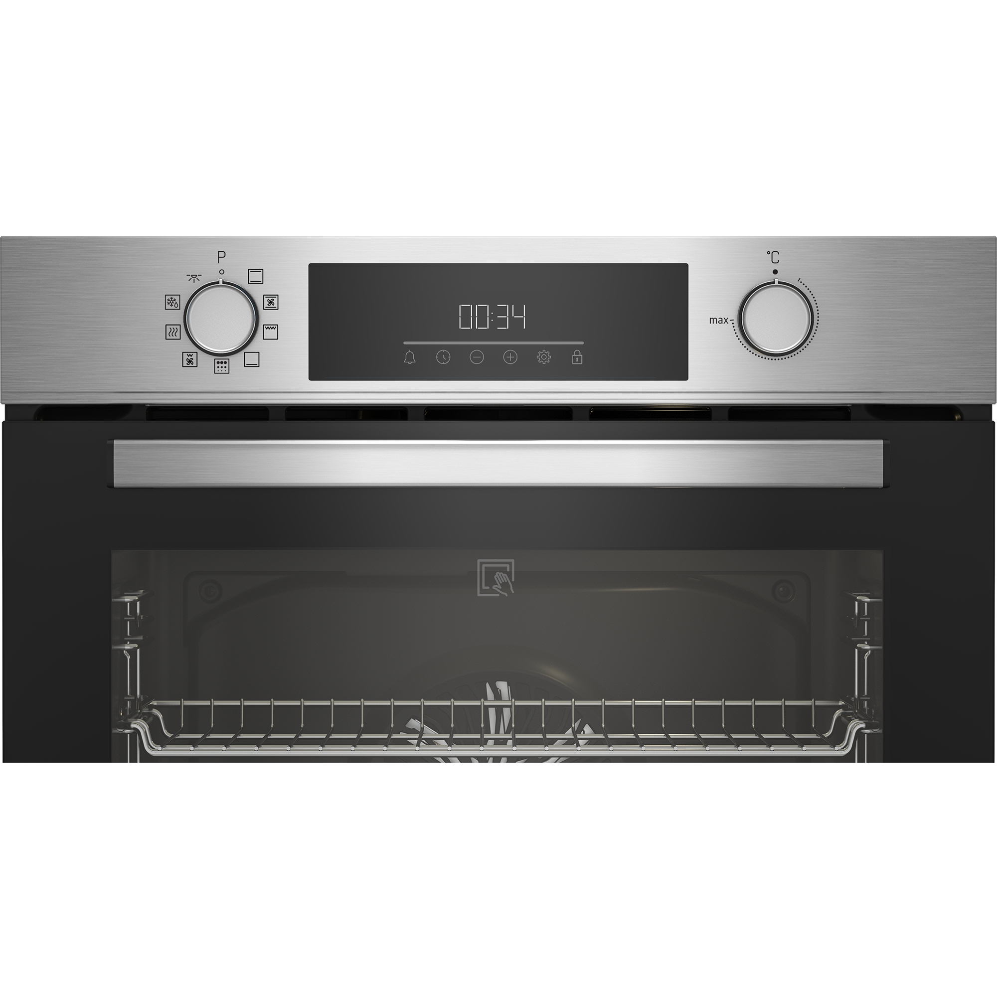 Un forno con display digitale e manopole di controllo.