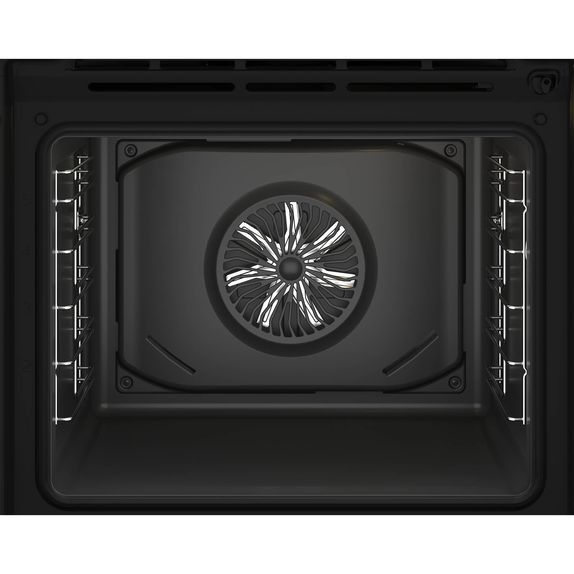 Interno di un forno nero che mostra la ventola e le griglie metalliche.