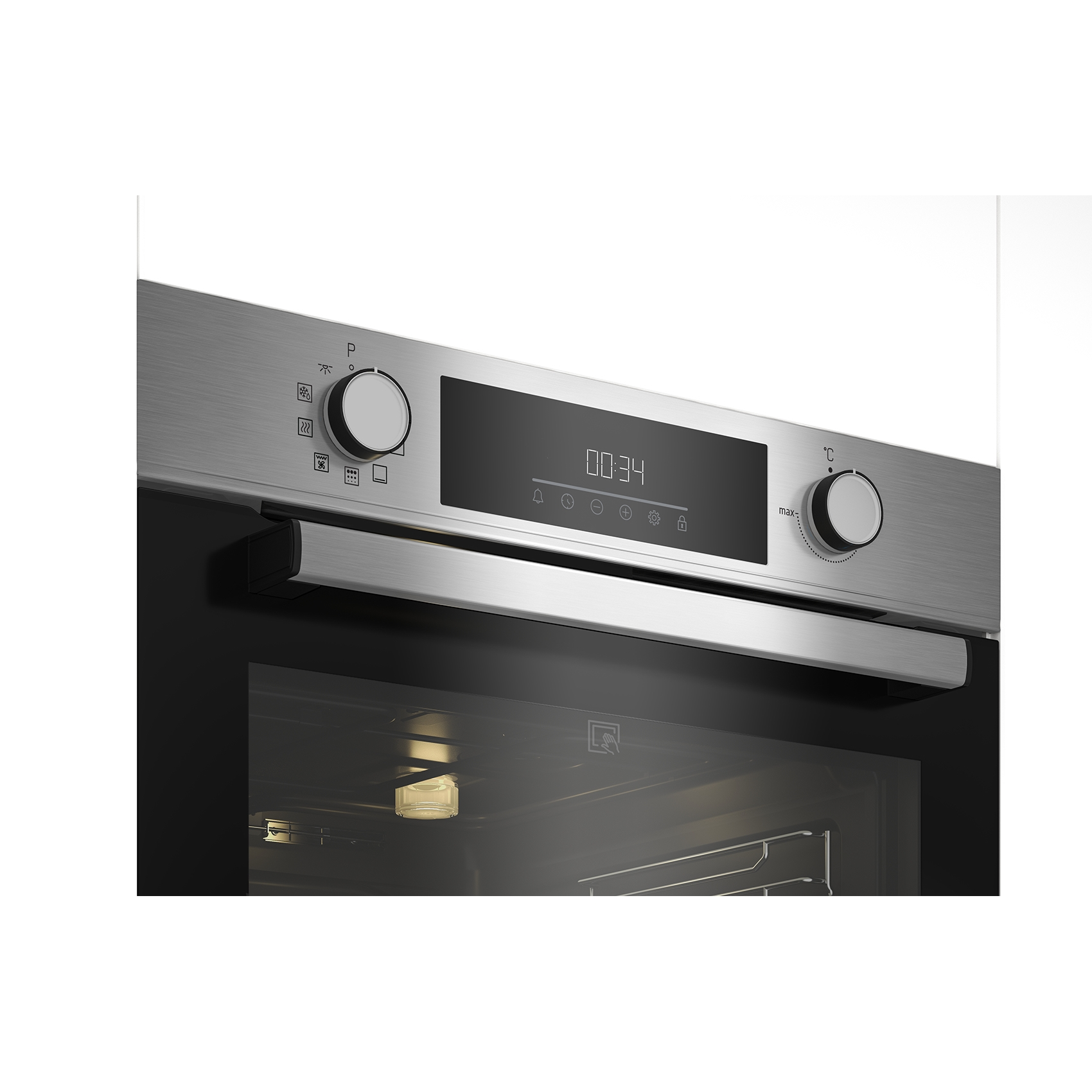 Primo piano dei comandi del forno Beko. Finitura in acciaio inossidabile, display digitale con ora.