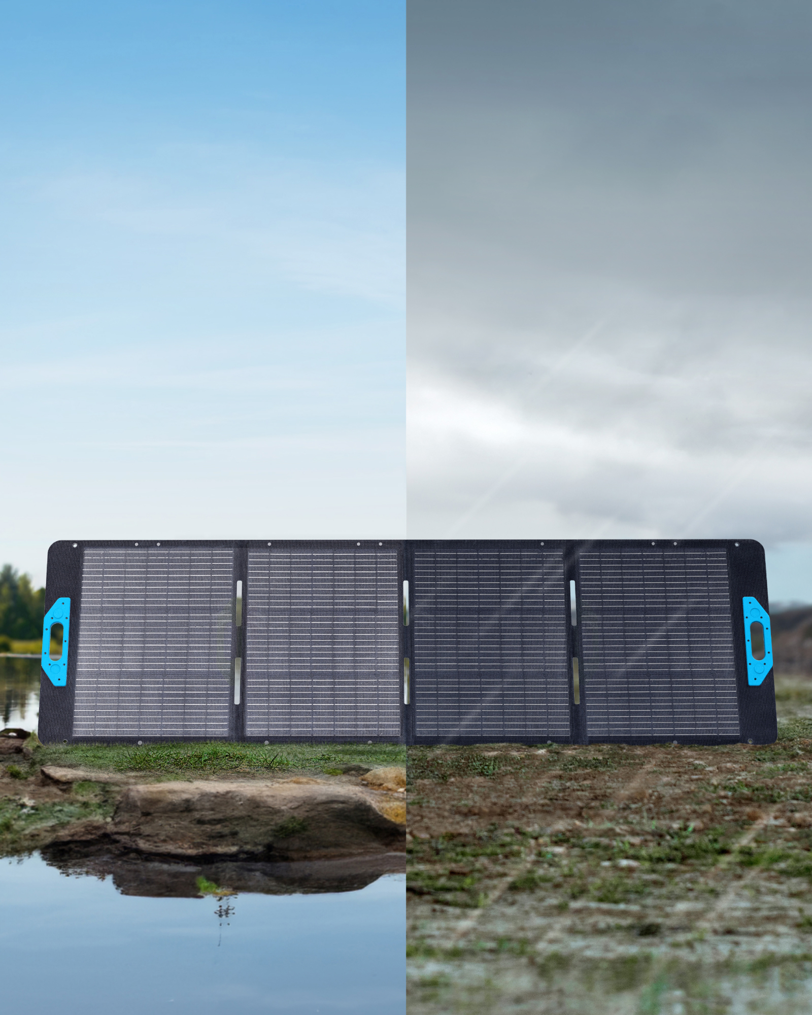 Panel słoneczny, w połowie w słońcu, w połowie w cieniu. Błękitne niebo i jezioro po lewej.