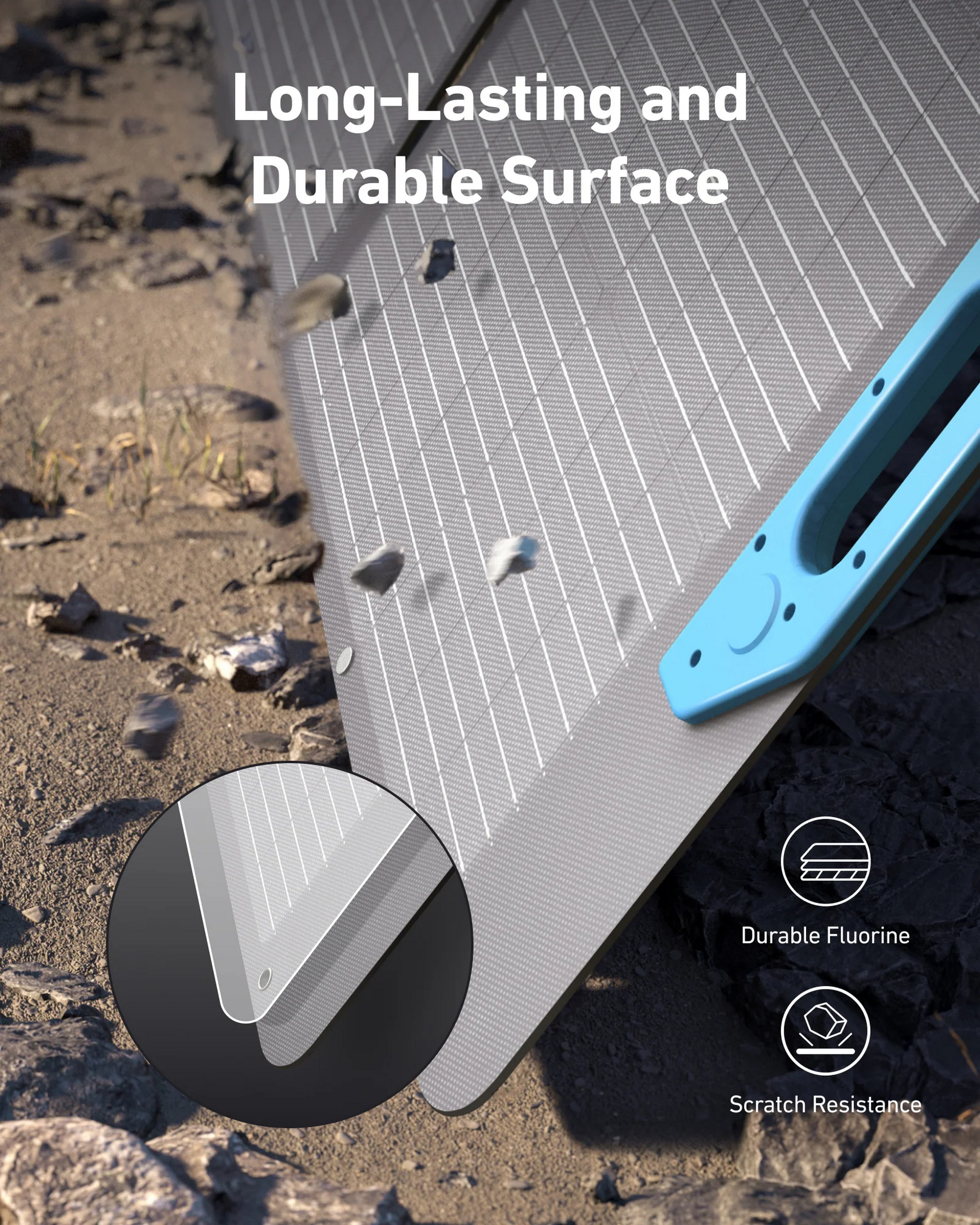 Szara powierzchnia z niebieskim uchwytem i okrągłą wstawką z widokiem z bliska.