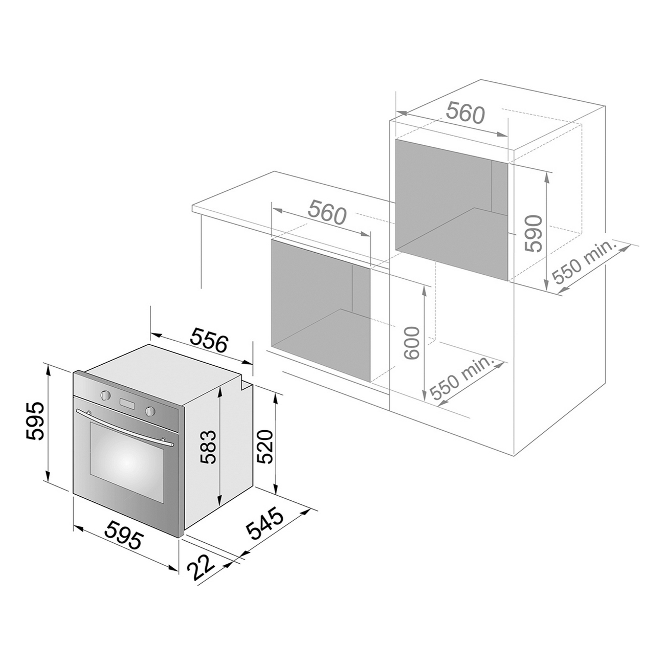 Un disegno tecnico di un forno a incasso e le sue dimensioni con misure in millimetri.