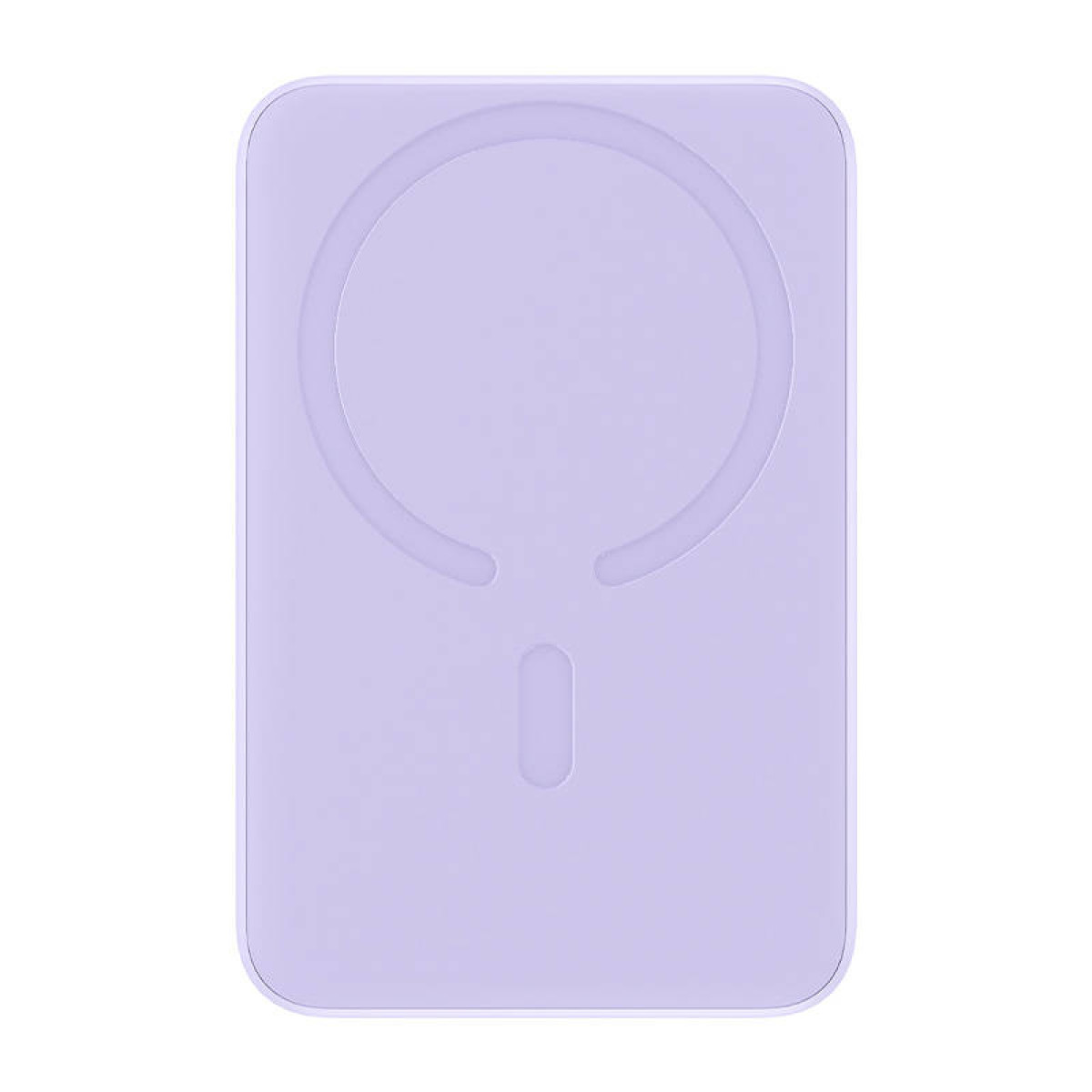 Un caricatore wireless lilla chiaro. Ha un contorno circolare per la ricarica e una piccola porta in basso.