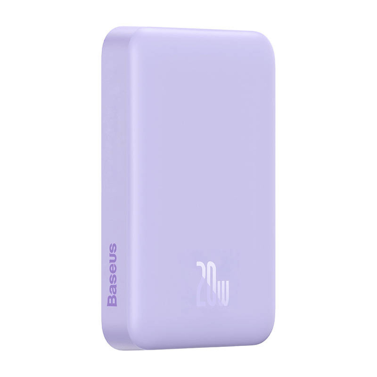 Un power bank lilla chiaro con il nome del marchio e il logo in basso. È un dispositivo sottile.