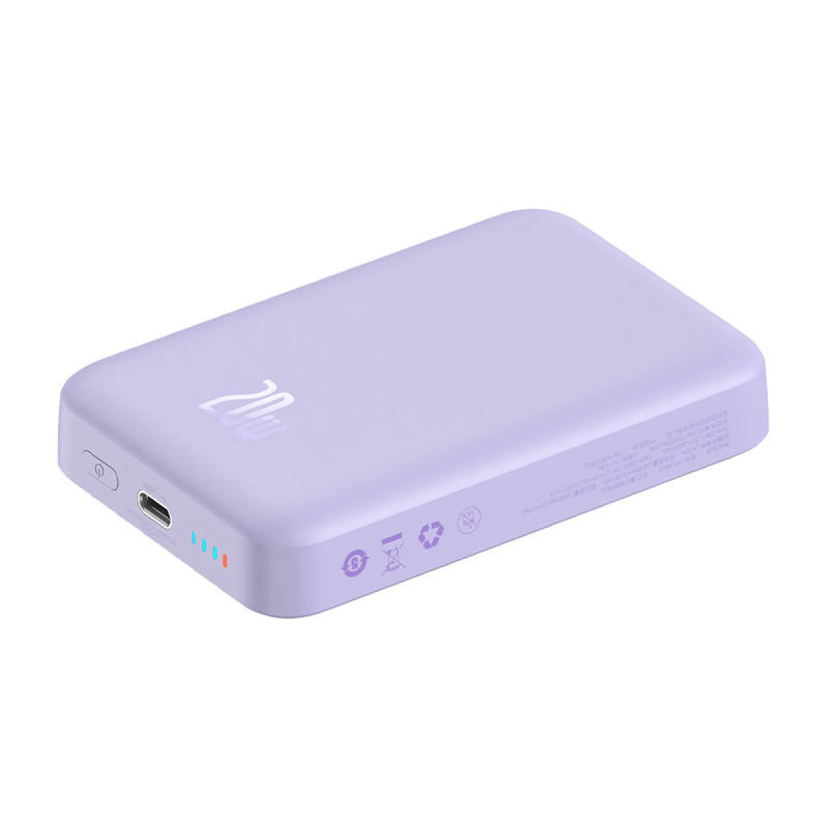 Un power bank lilla con etichetta 20W, che mostra porte e indicatore di carica.
