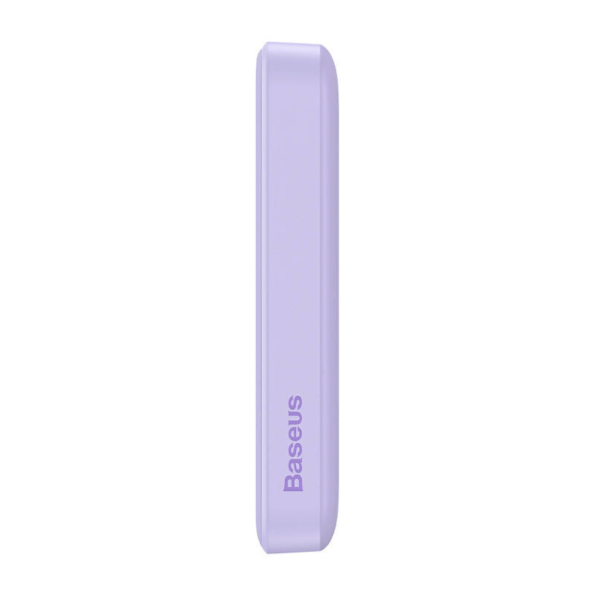 Un'inquadratura verticale di un power bank lilla chiaro con il logo 'Baseus'.