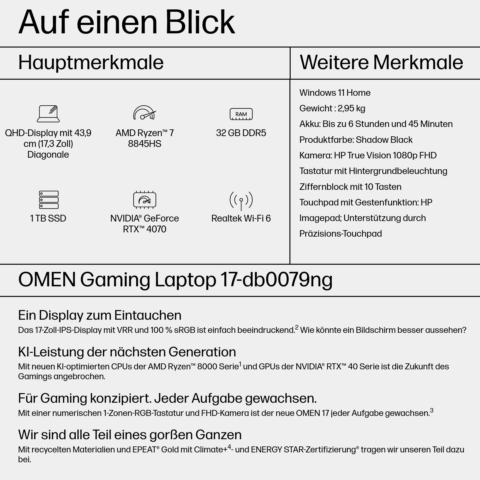 Obraz z dużą ilością tekstu ze szczegółami laptopa, w tym specyfikacjami, funkcjami i opisem produktu.