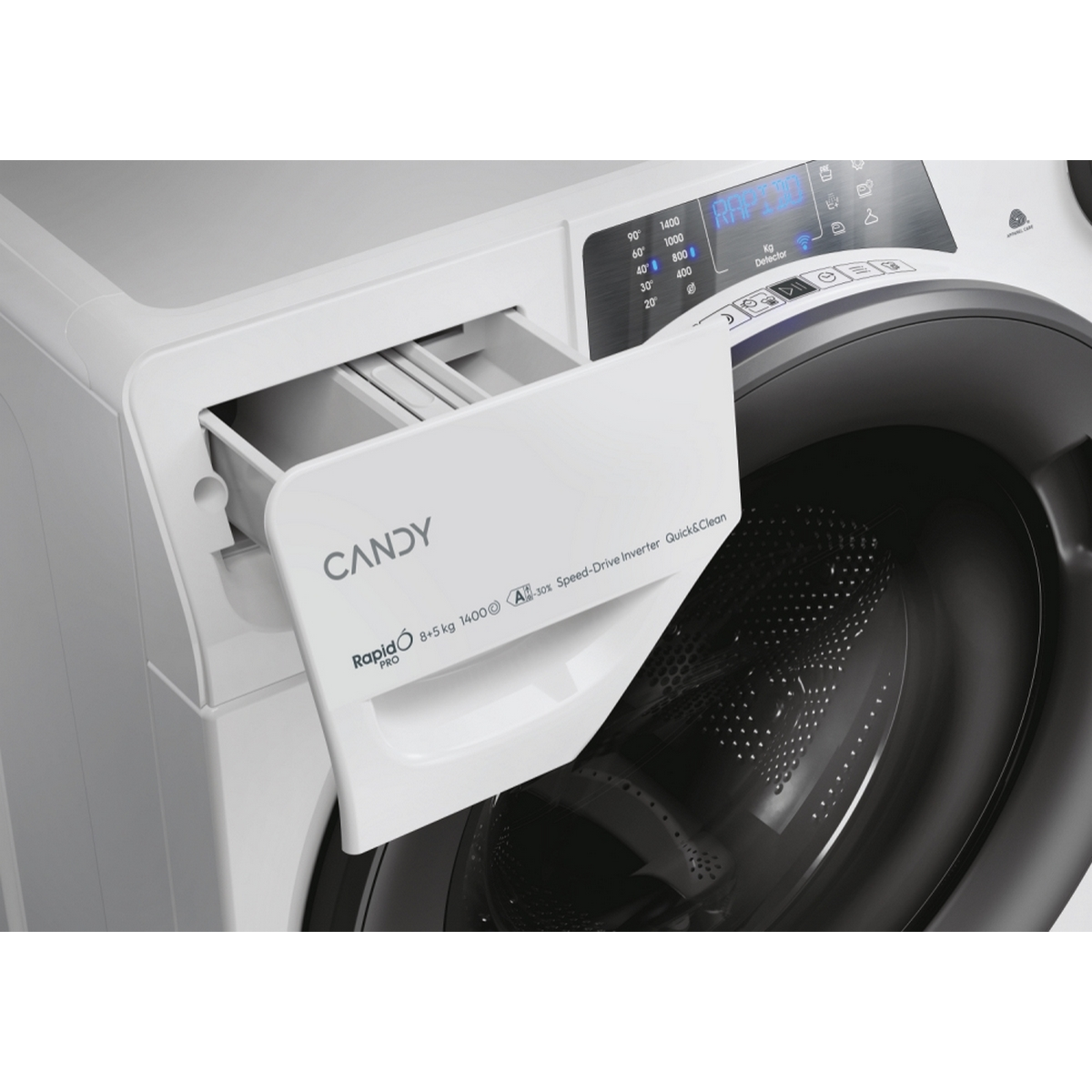 Lavatrice con cassetto detersivo aperto. Marchio Candy con funzioni rapide e pulite.