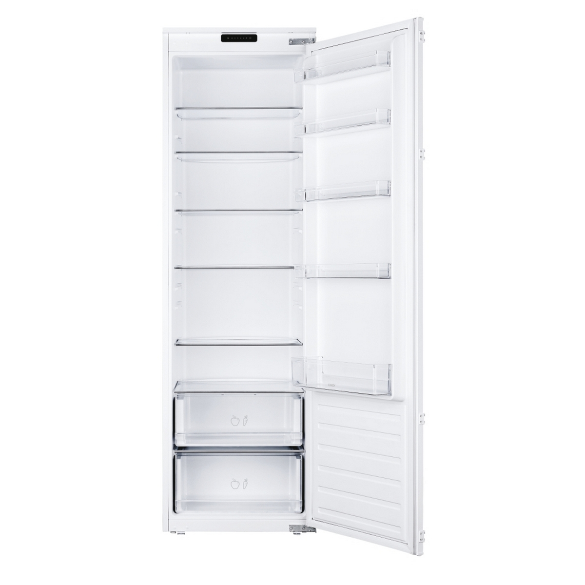 Un frigorifero bianco aperto. L'interno include ripiani e cassetti, tutti vuoti.