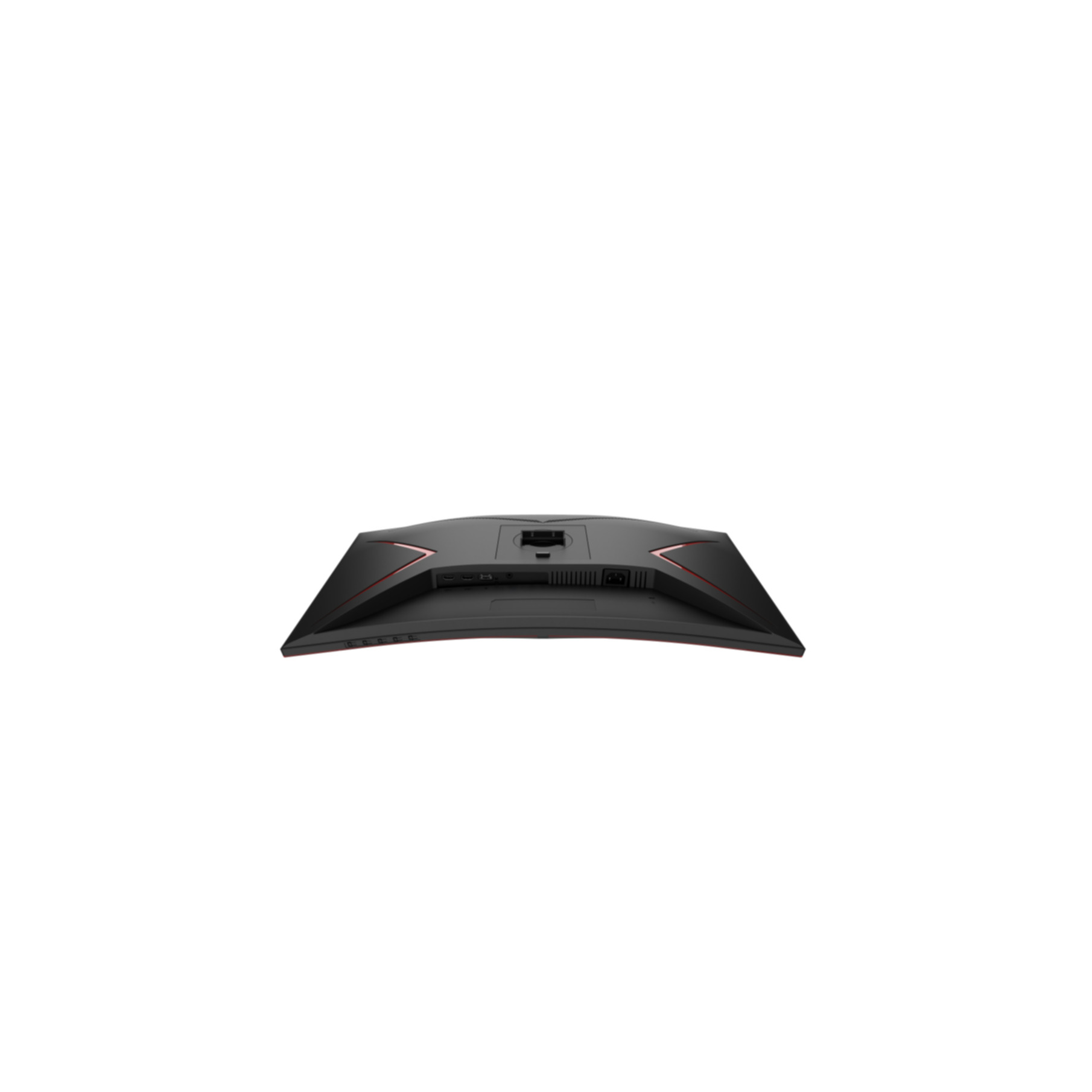 Vista inferiore di un monitor curvo. Nero con accenti rossi. Sfondo bianco.