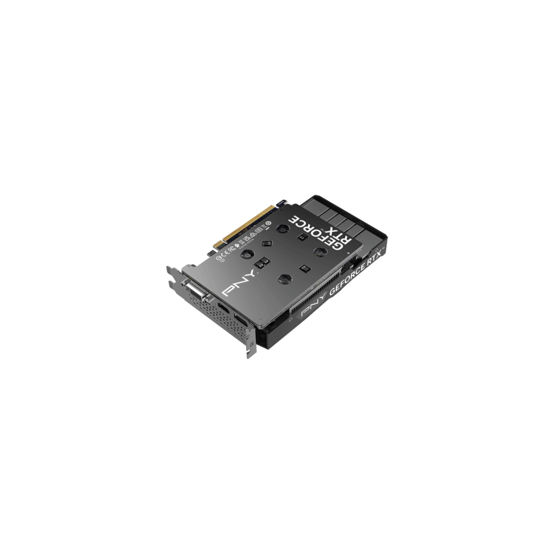 Scheda grafica PNY GeForce RTX, nera e argento, vista angolata, isolata su sfondo bianco.