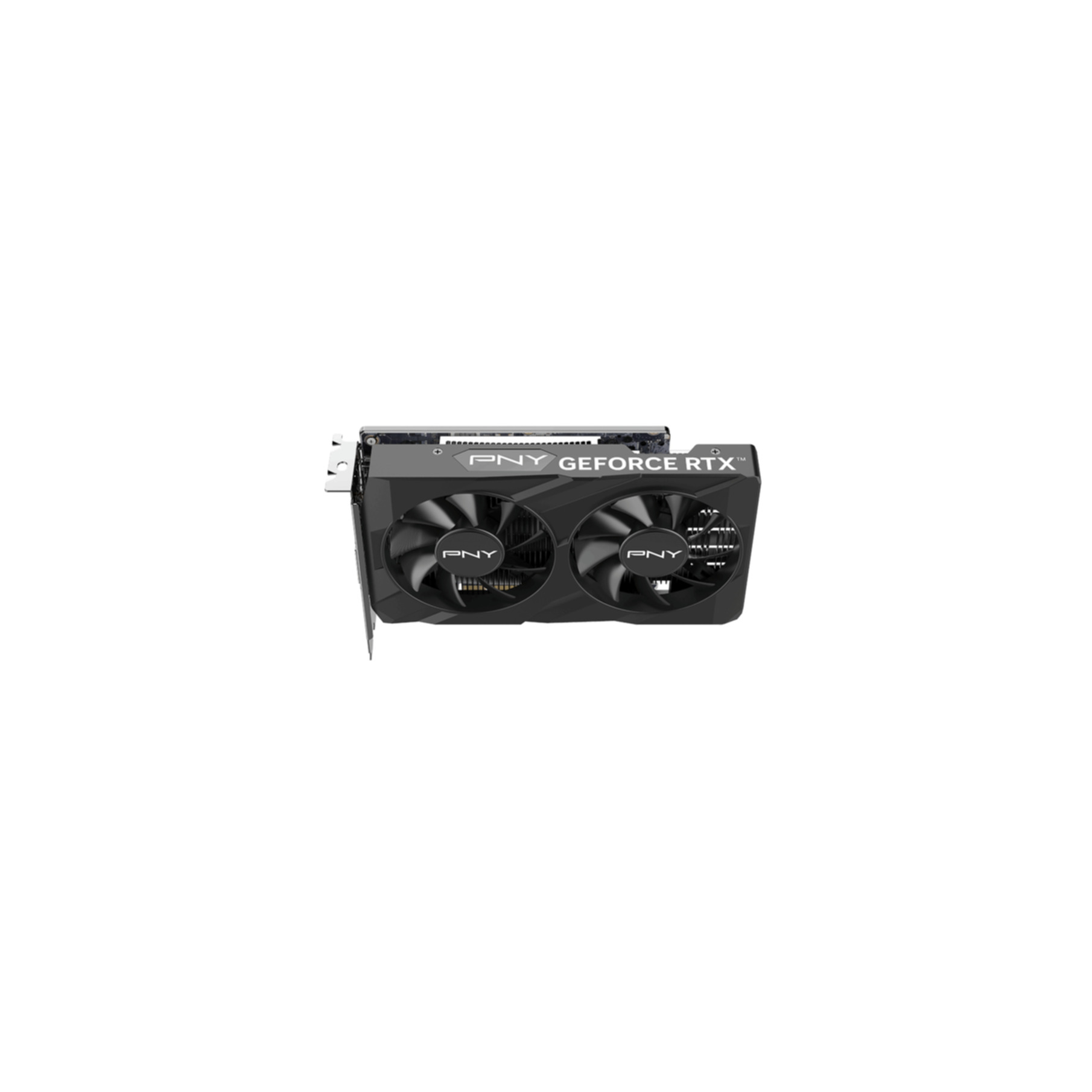 Una scheda grafica PNY GeForce RTX nera e argento con due ventole, su sfondo bianco.