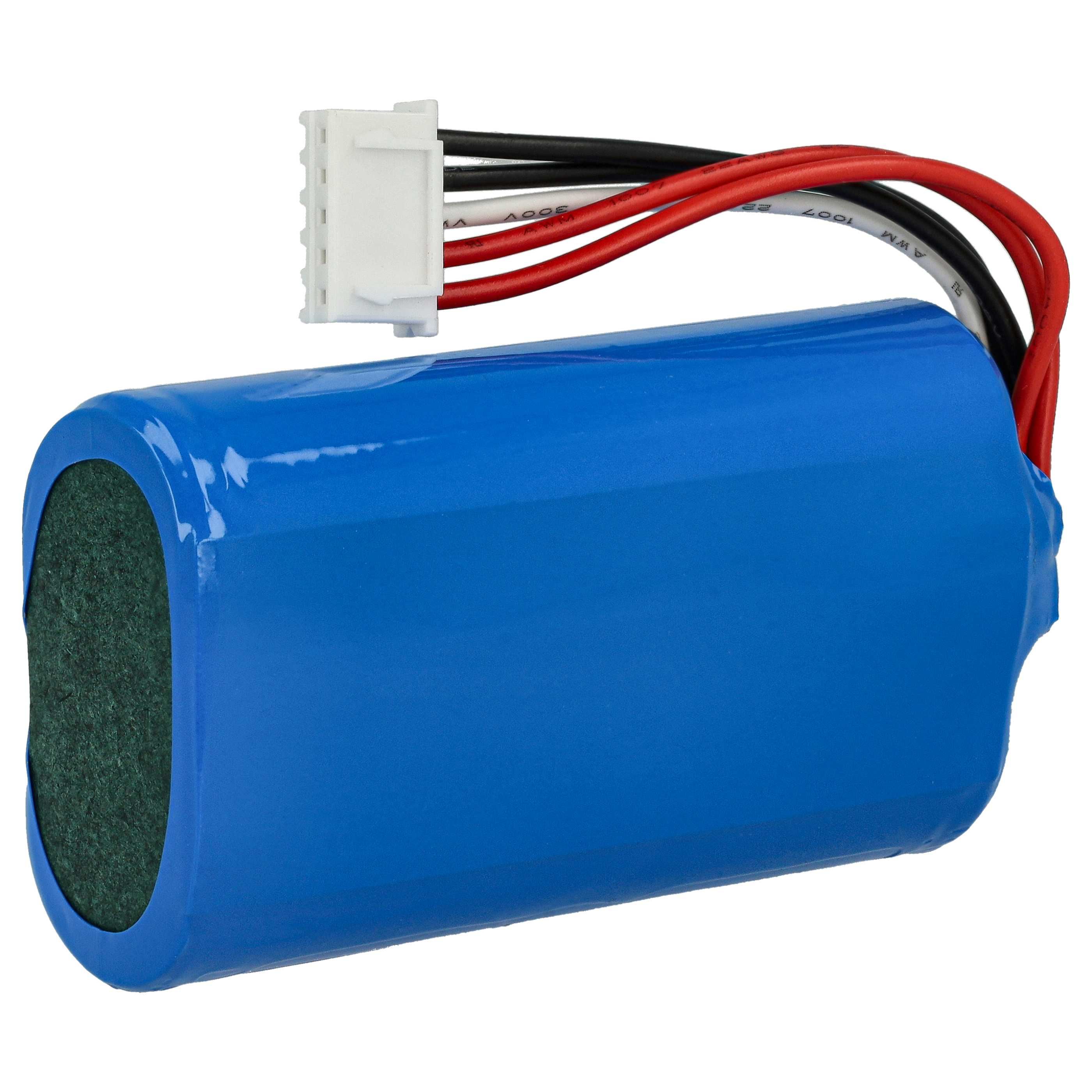 Eine blaue zylindrische Batterie mit Drähten und einem Stecker.