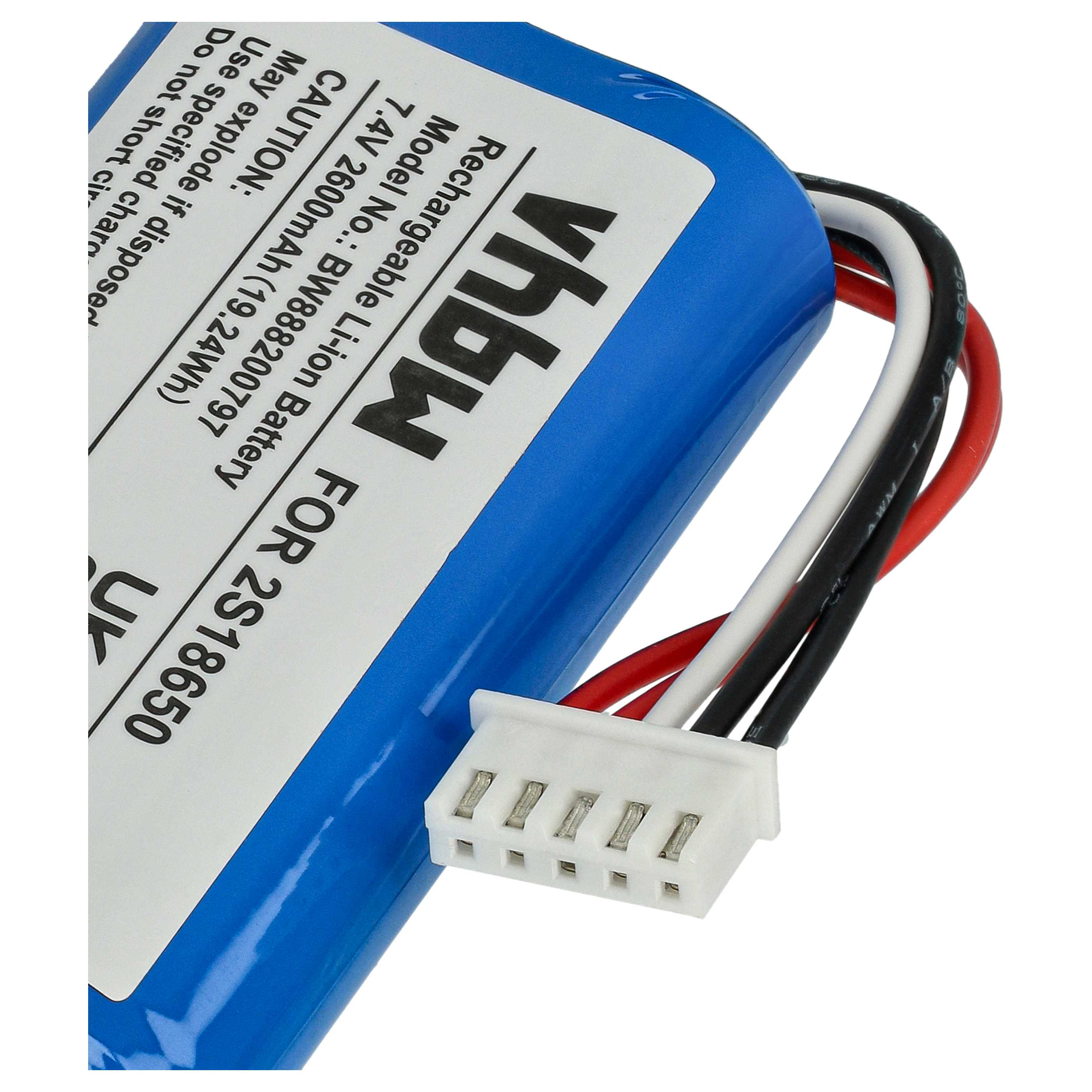 Eine blaue Batterie mit Kabeln und einem weißen Stecker, mit Text zu den Batteriespezifikationen.