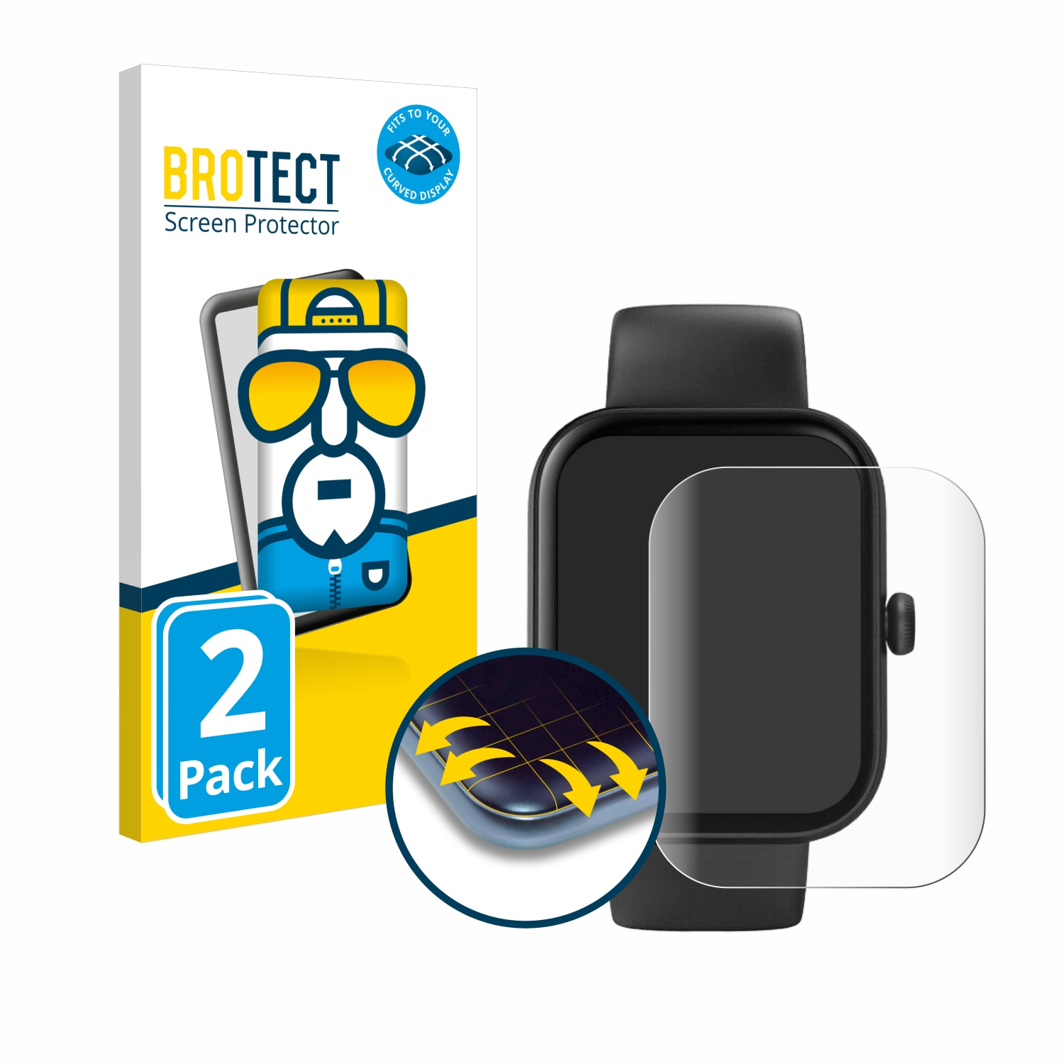 Schutzfolienbox und Smartwatch. Box mit Cartoon-Gesicht. Folie über dem Smartwatch-Bildschirm.